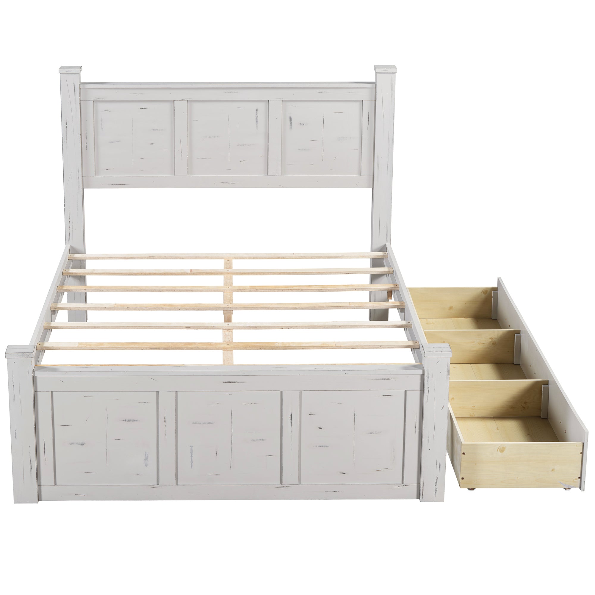 Ancient White Queen Size Farmhouse Bed Frame with Storage Drawers