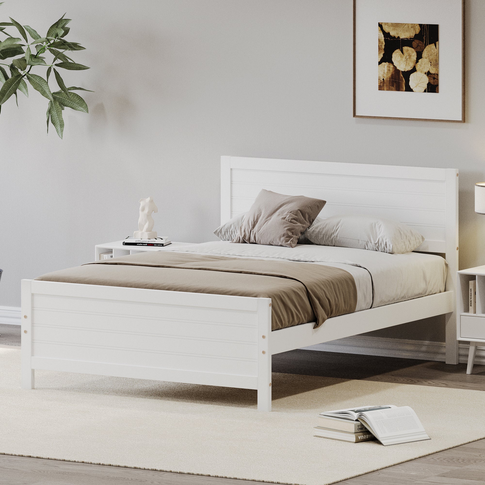 Full-Size Solid Wood Platform Bed Frame in White