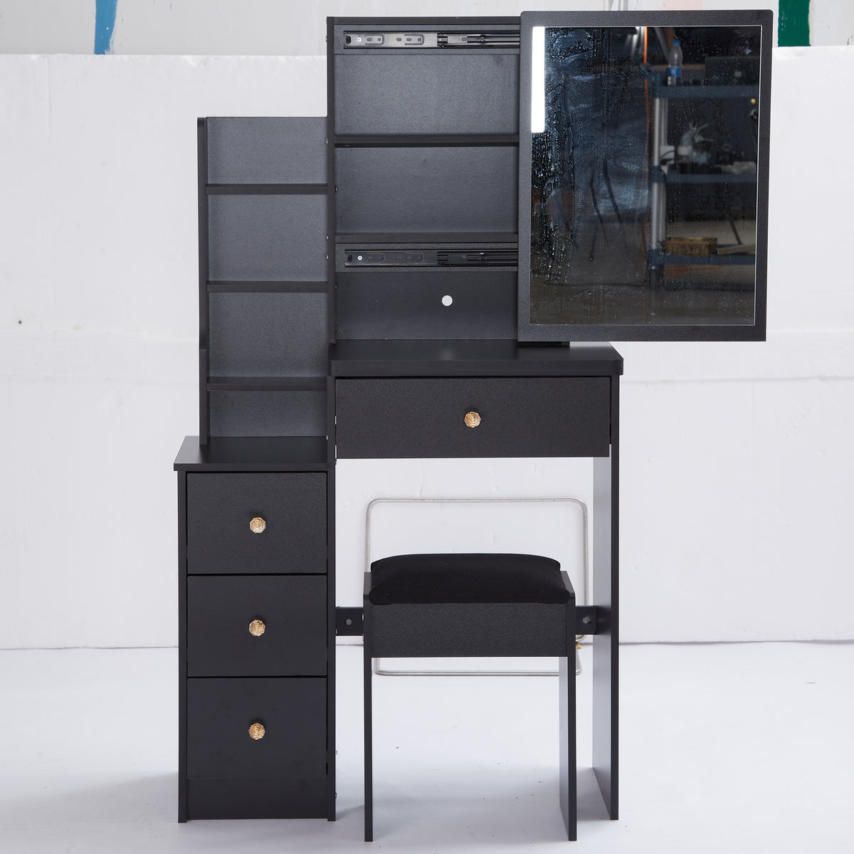 Small Size Left Bedside Cabinet Vanity Table With Cushioned Stool Extra Large Sliding Mirror Multi Layer High Capacity Storage In Black