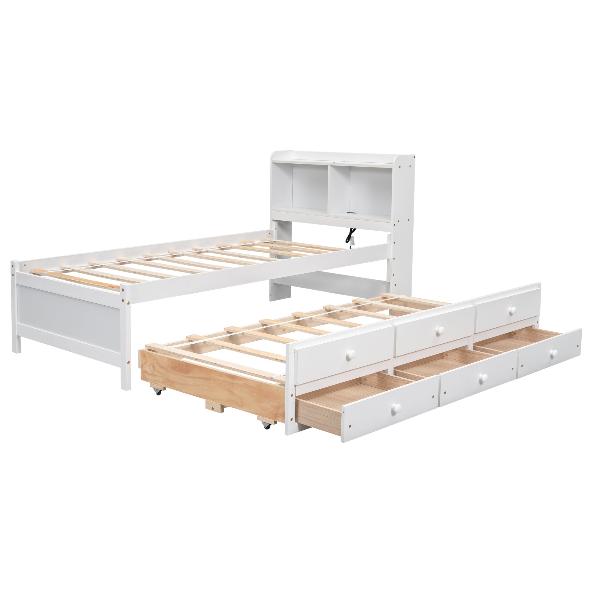 Twin Bed with USB & Type-C Ports, LED Lights, Bookcase Headboard, Trundle & 3 Drawers In White