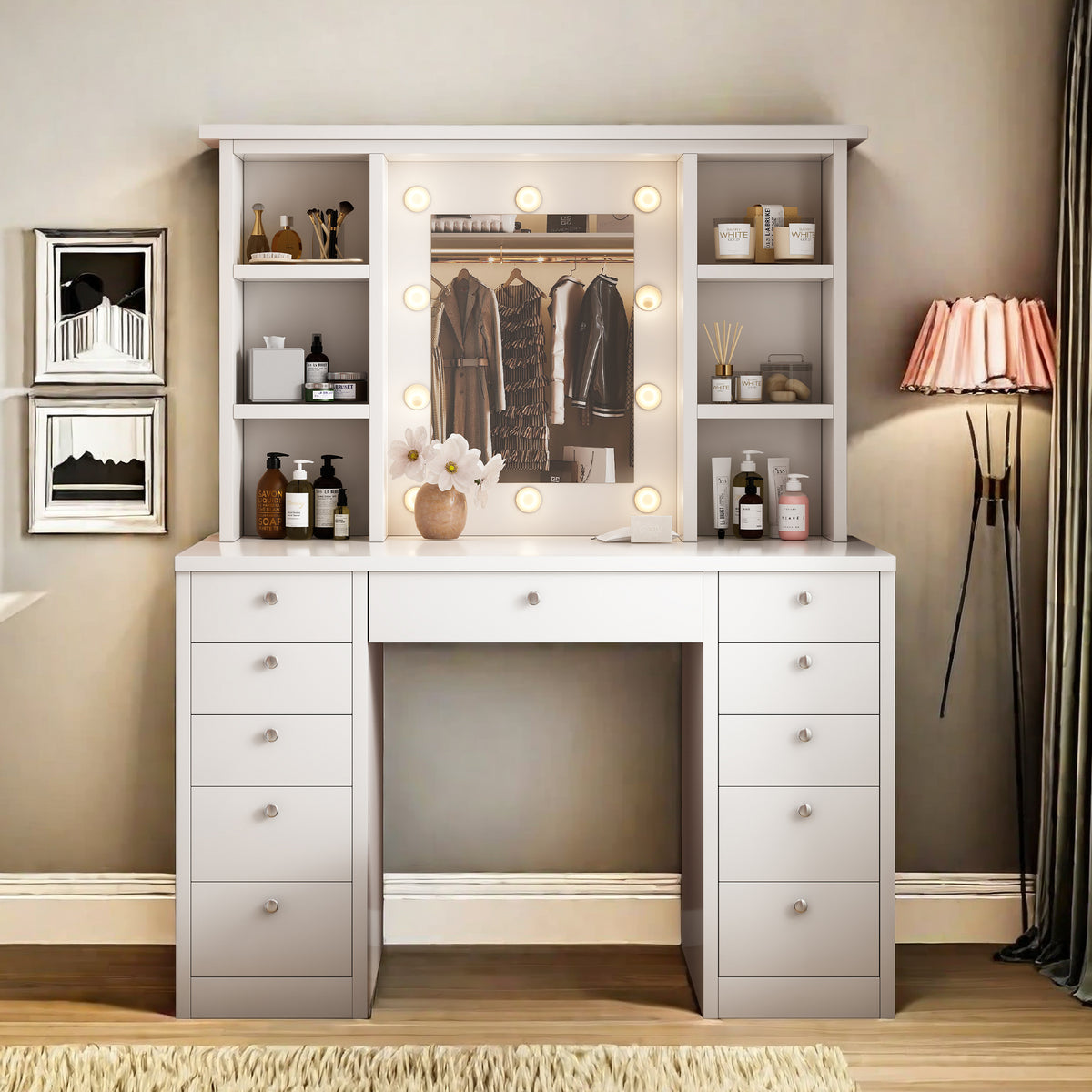 Vanity Desk with LED Lighted Mirror and 11 Drawers Adjustable Brightness and Hidden Wiring In White