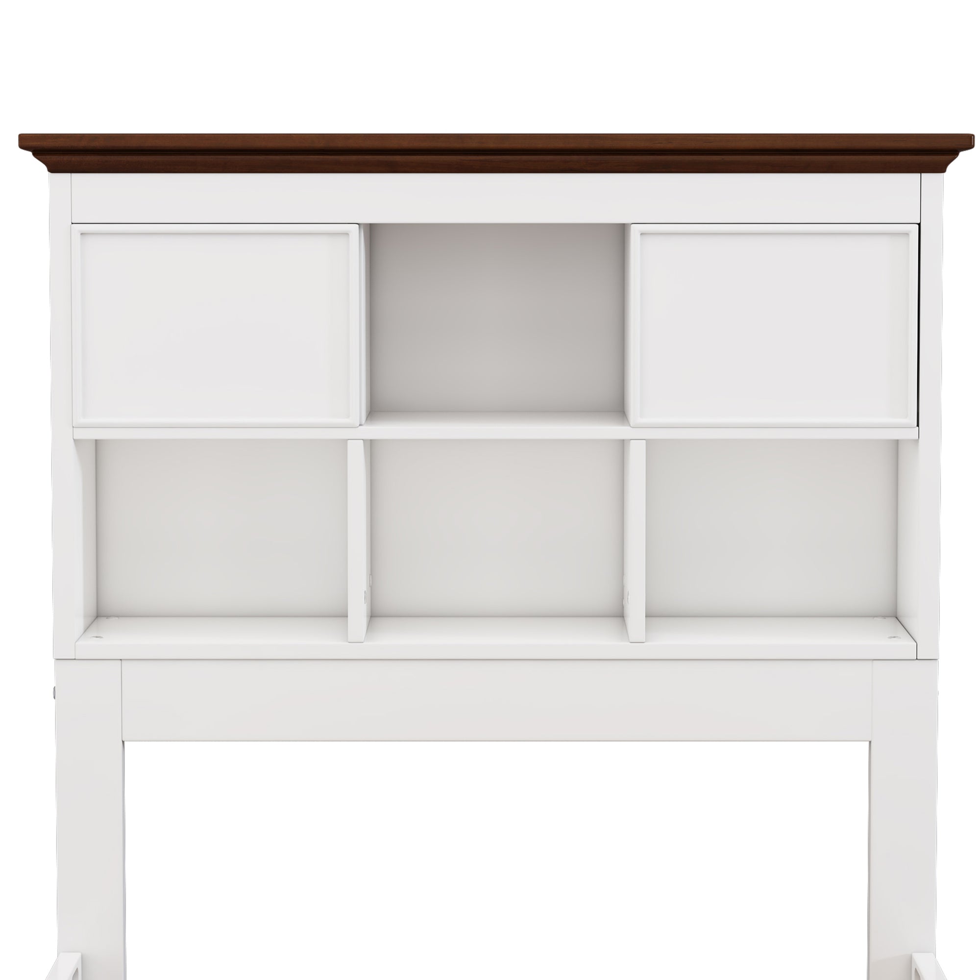 White & Walnut Full Size Bookcase Bed with Trundle and Storage