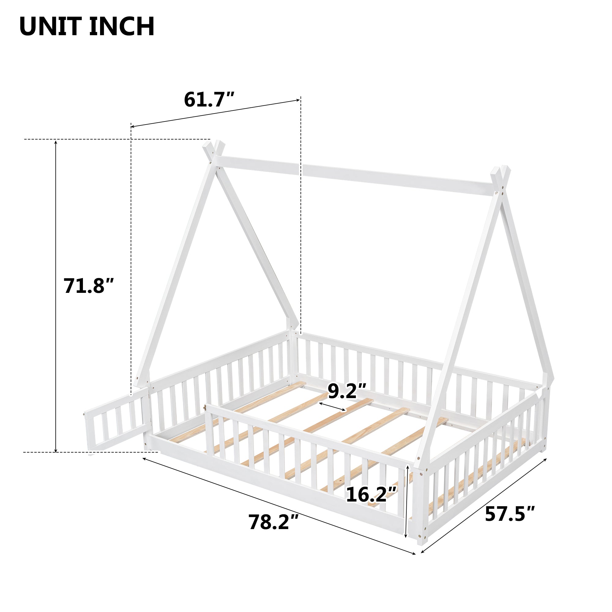 Full Tent-Shaped Teepee Floor Bed with Guardrails and Door in White