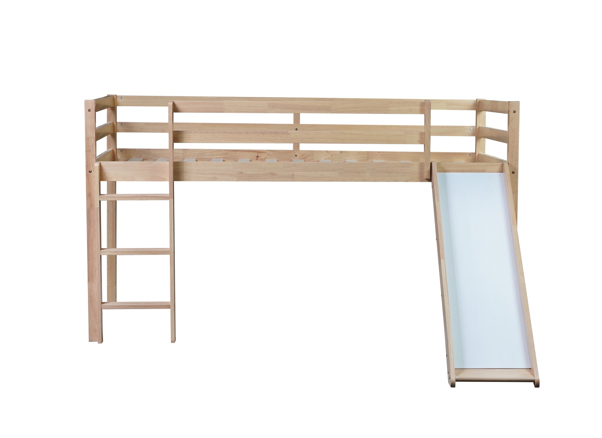 White Oak Twin Low Loft Bed with Slide and Ladder