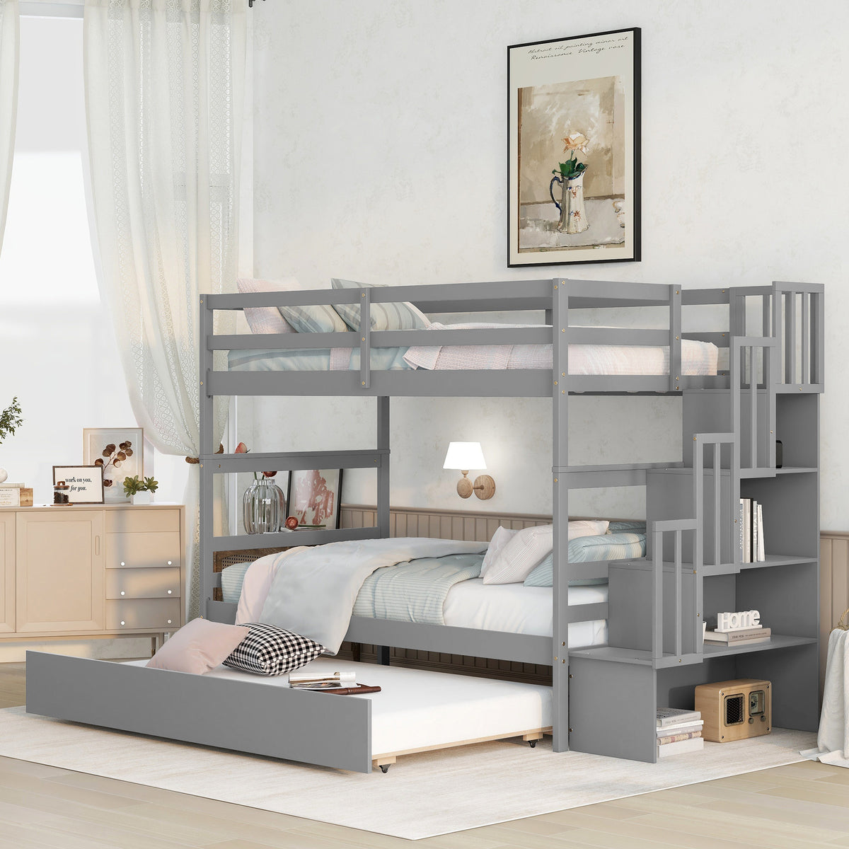 Twin over Twin Bunk Bed With Twin Trundle &amp; Stairway Storage in Gray Solid Wood