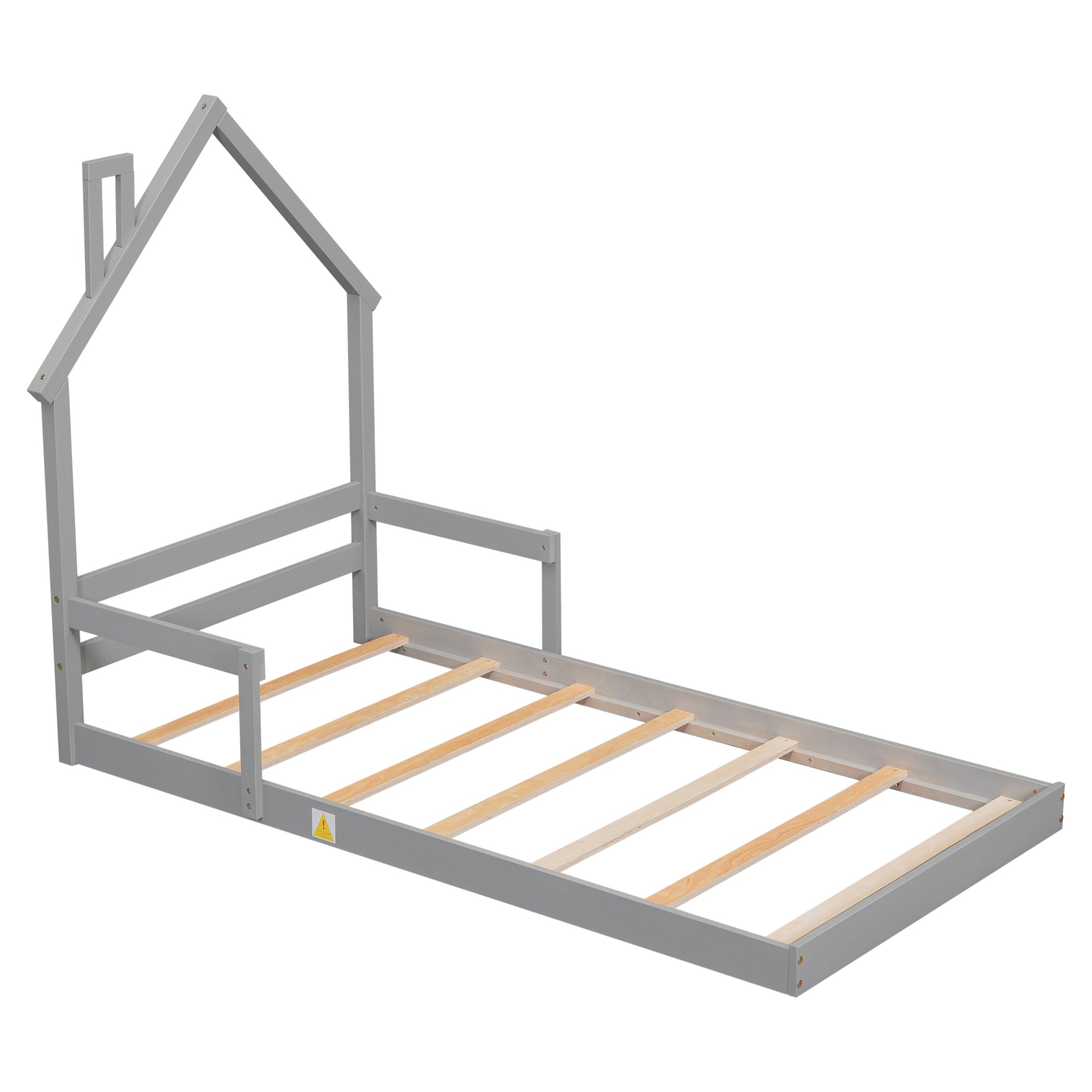 Gray Twin House-Shaped Toddler Floor Bed with Handrails and Slats