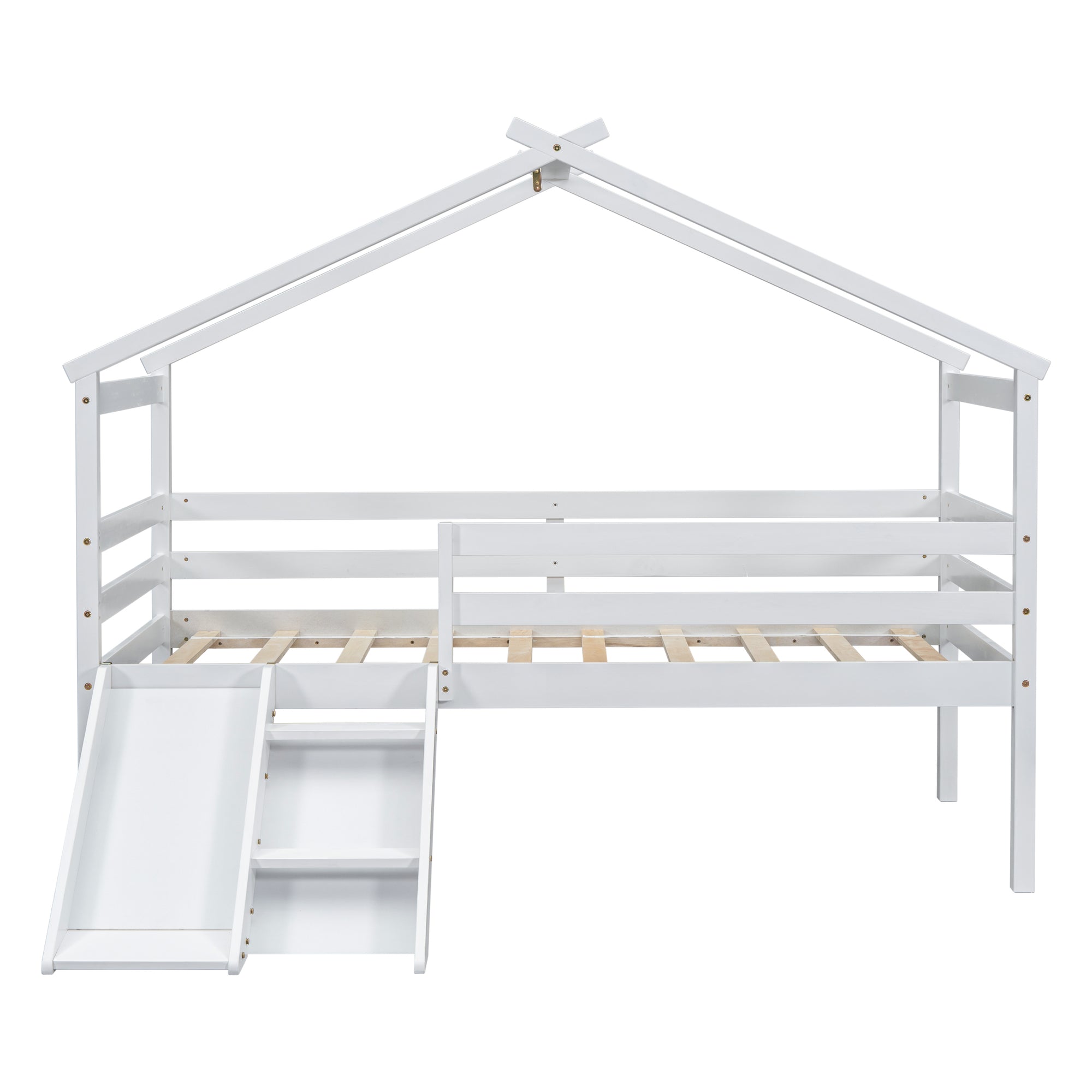 White Twin Low Loft House Bed with Slide and Ladder