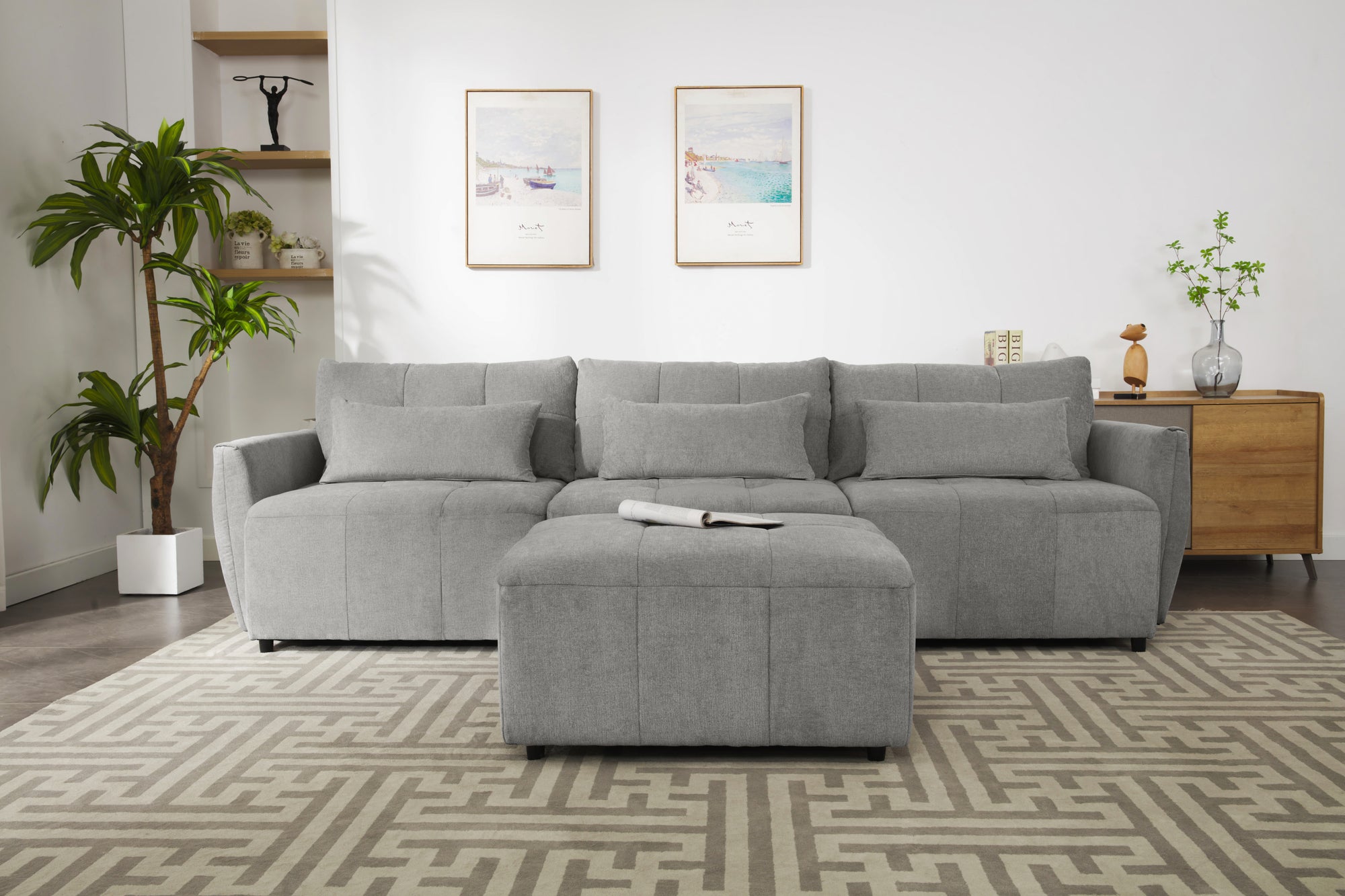 Khartoum Sectional Sofa with Movable Ottoman in Grey Chenille