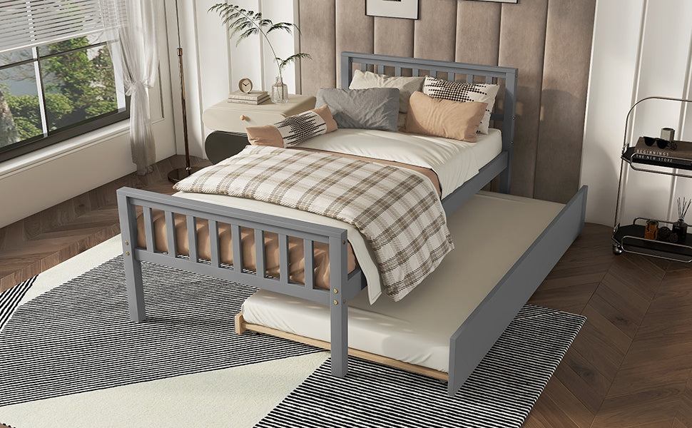 Gray Twin Platform Bed with Trundle, Headboard and Footboard