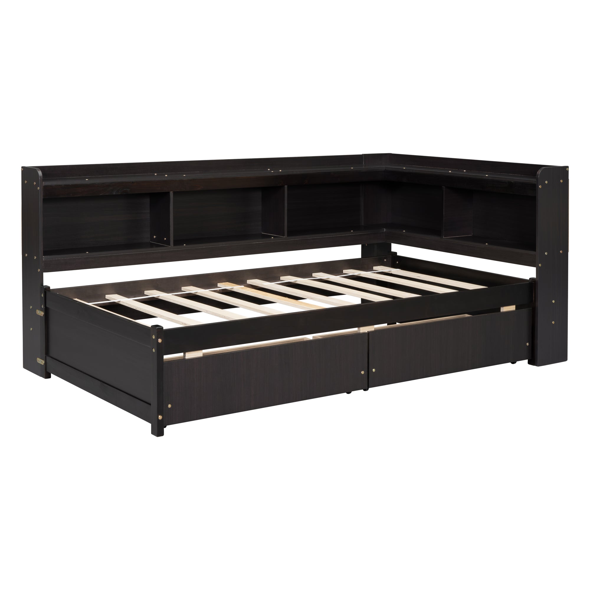 Espresso Tone Twin Bed with L-Shaped Bookcases and Storage Drawers