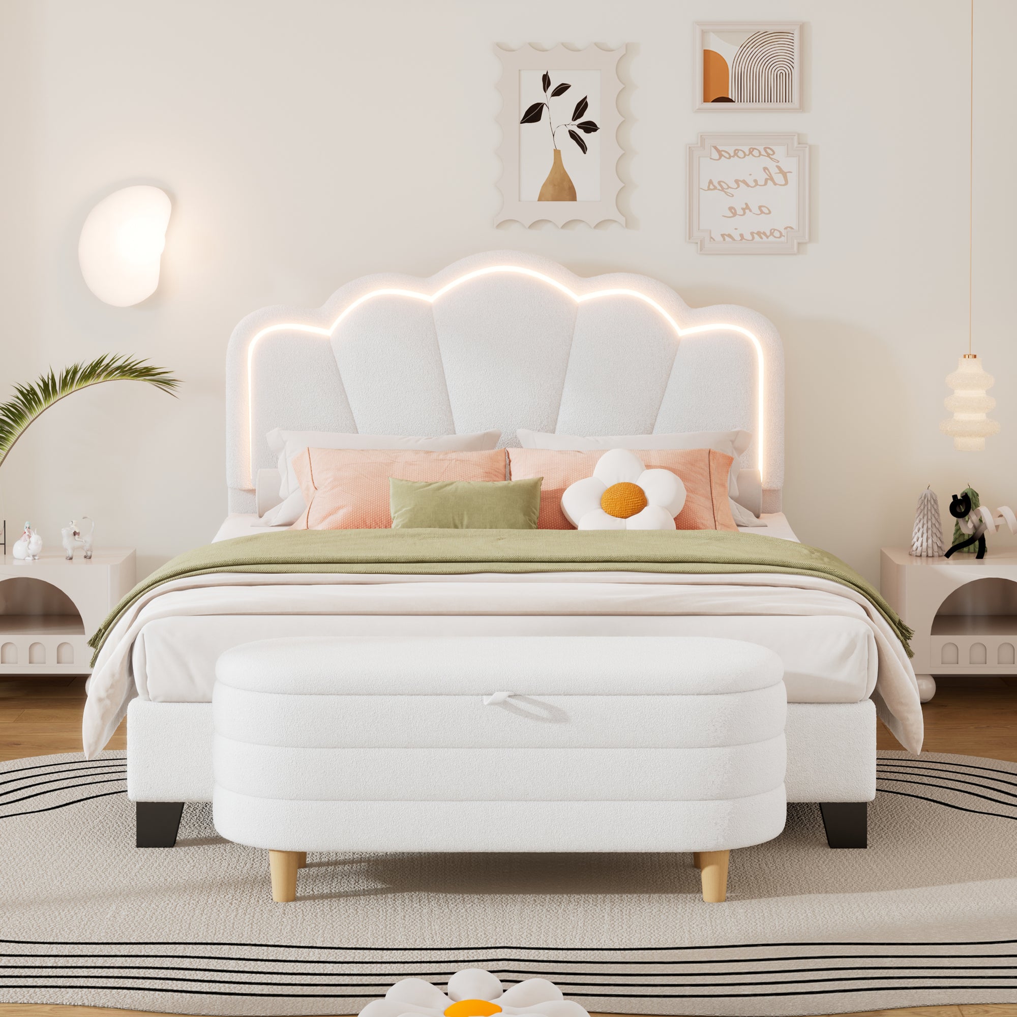 2-Pieces Bedroom Sets Full Size Upholstered LED Platform Bed With Storage Ottoman In White