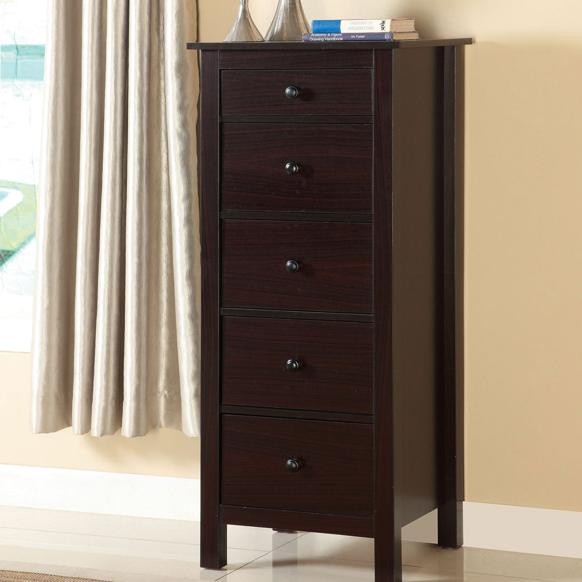 Transitional Espresso Compact Design 5-Drawer Chest Ideal For Bedroom And Small Living Spaces In Espresso