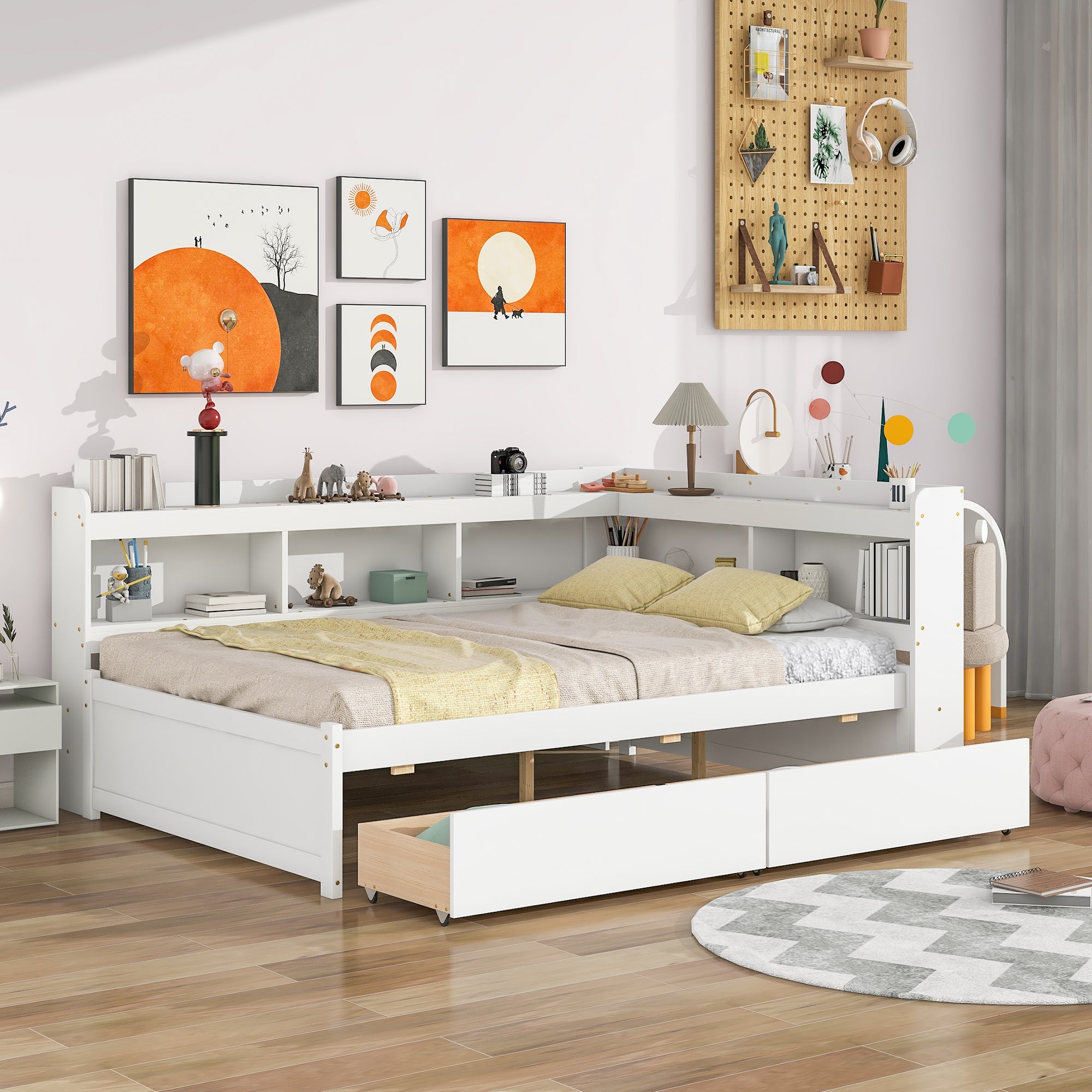 White Full Bed with L-Shaped Bookcases and Storage Drawers