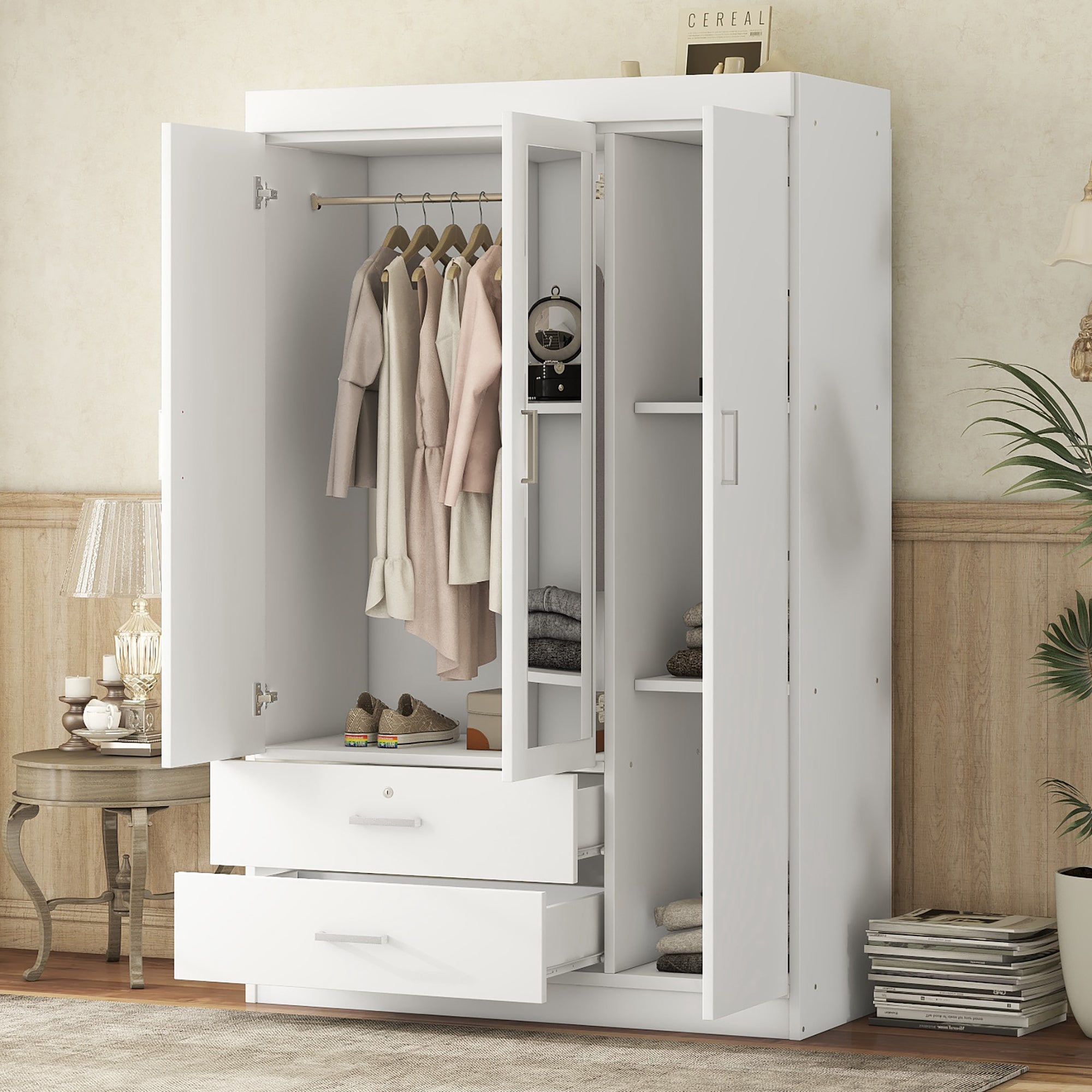 3-Door Mirror Wardrobe with Shelves for Organized Storage In White