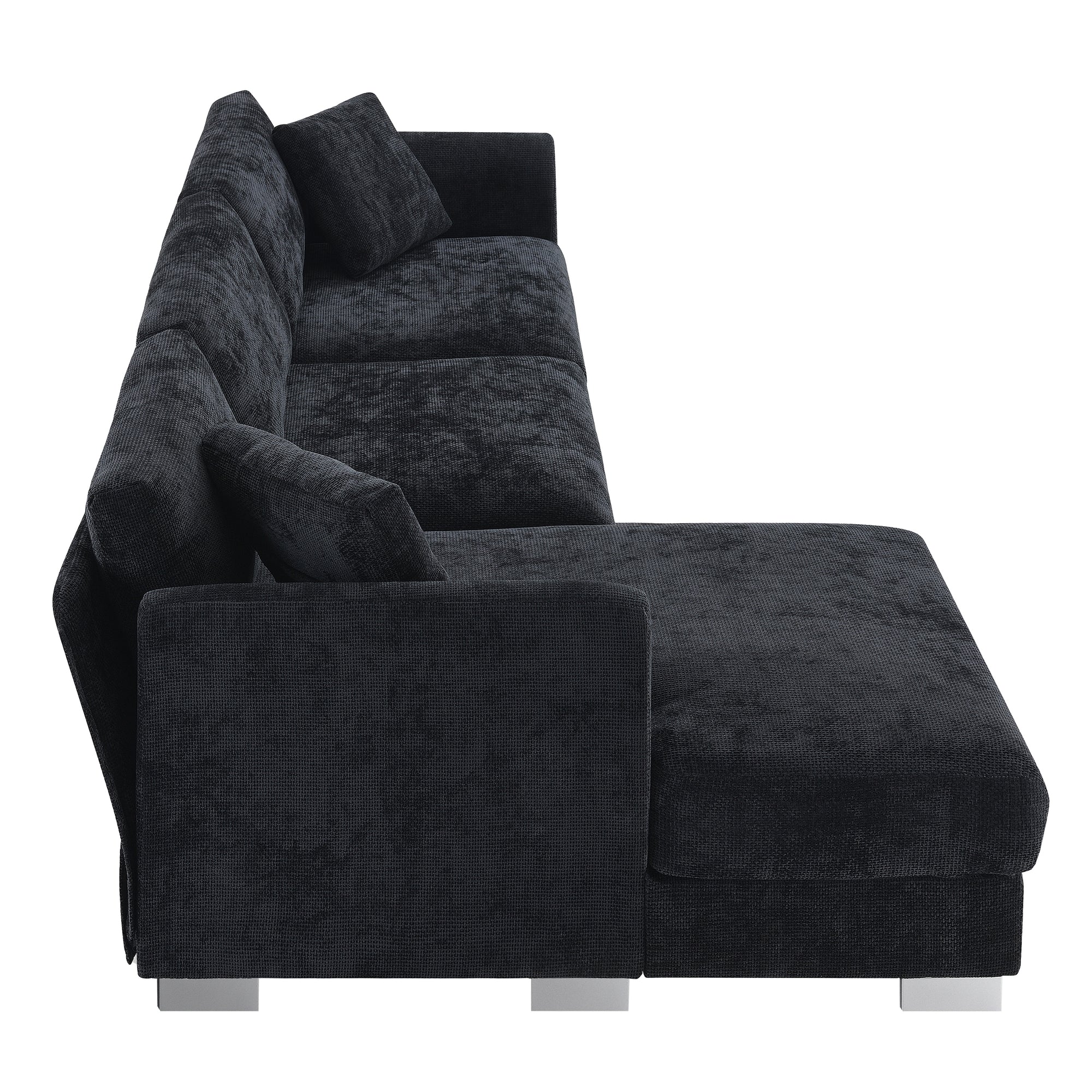 Black Chenille L-Shaped Sectional Sofa with Chaise Lounge and Aluminum Legs