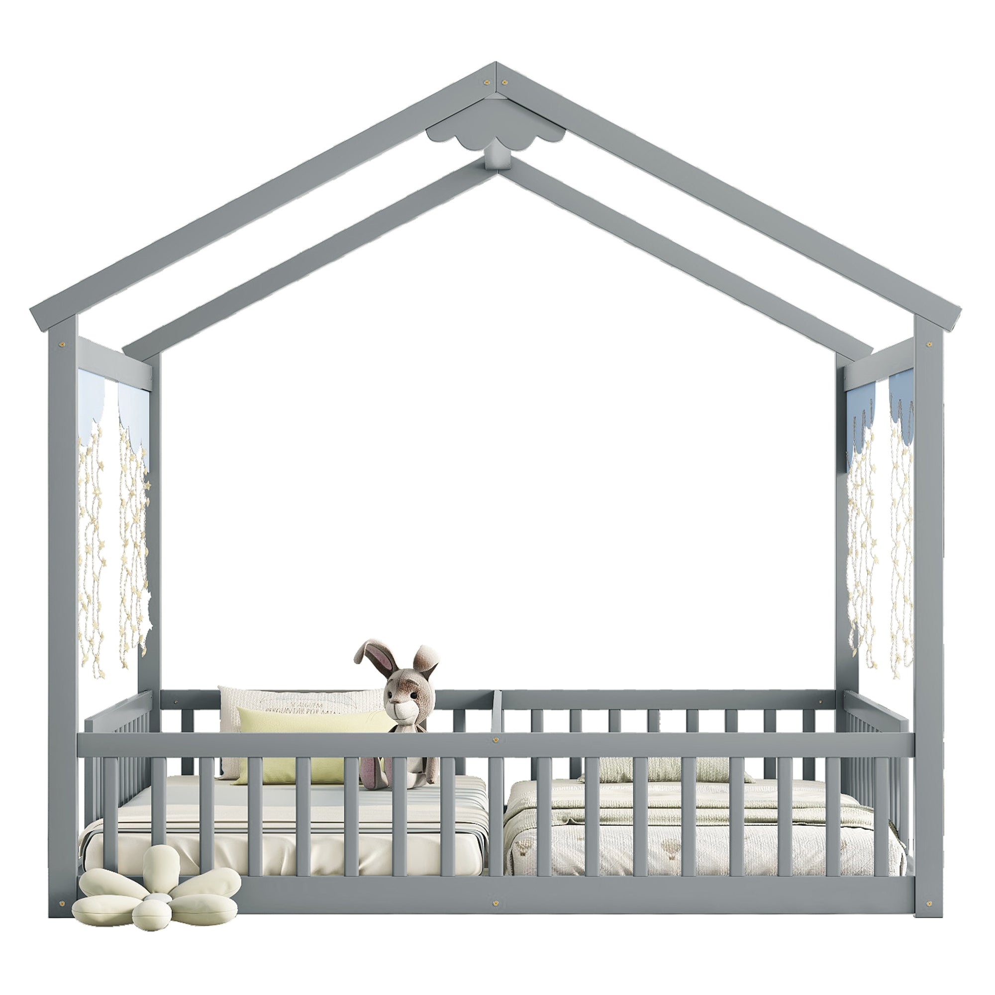 Gray Double Twin House-Style Toddler Floor Bed with Fence and Guardrails