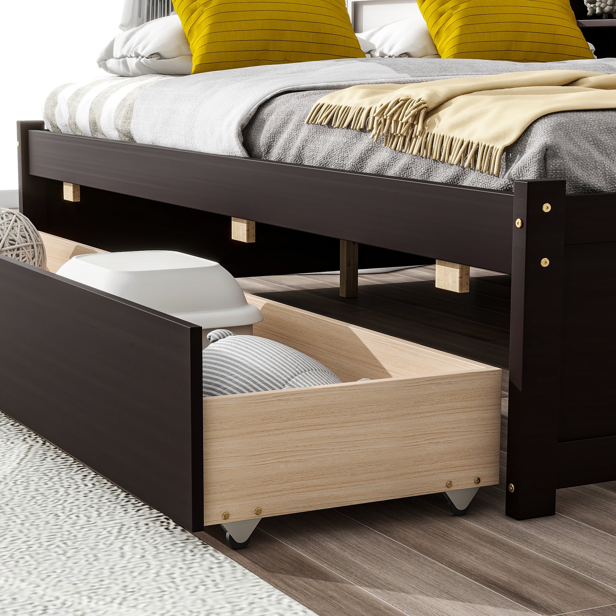 Full Bed with Side Bookcase and Storage Drawers in Espresso Tones