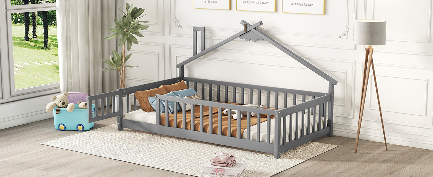 Twin House-Shaped Bedside Toddler Floor Bed with Guardrails and Door in Gray