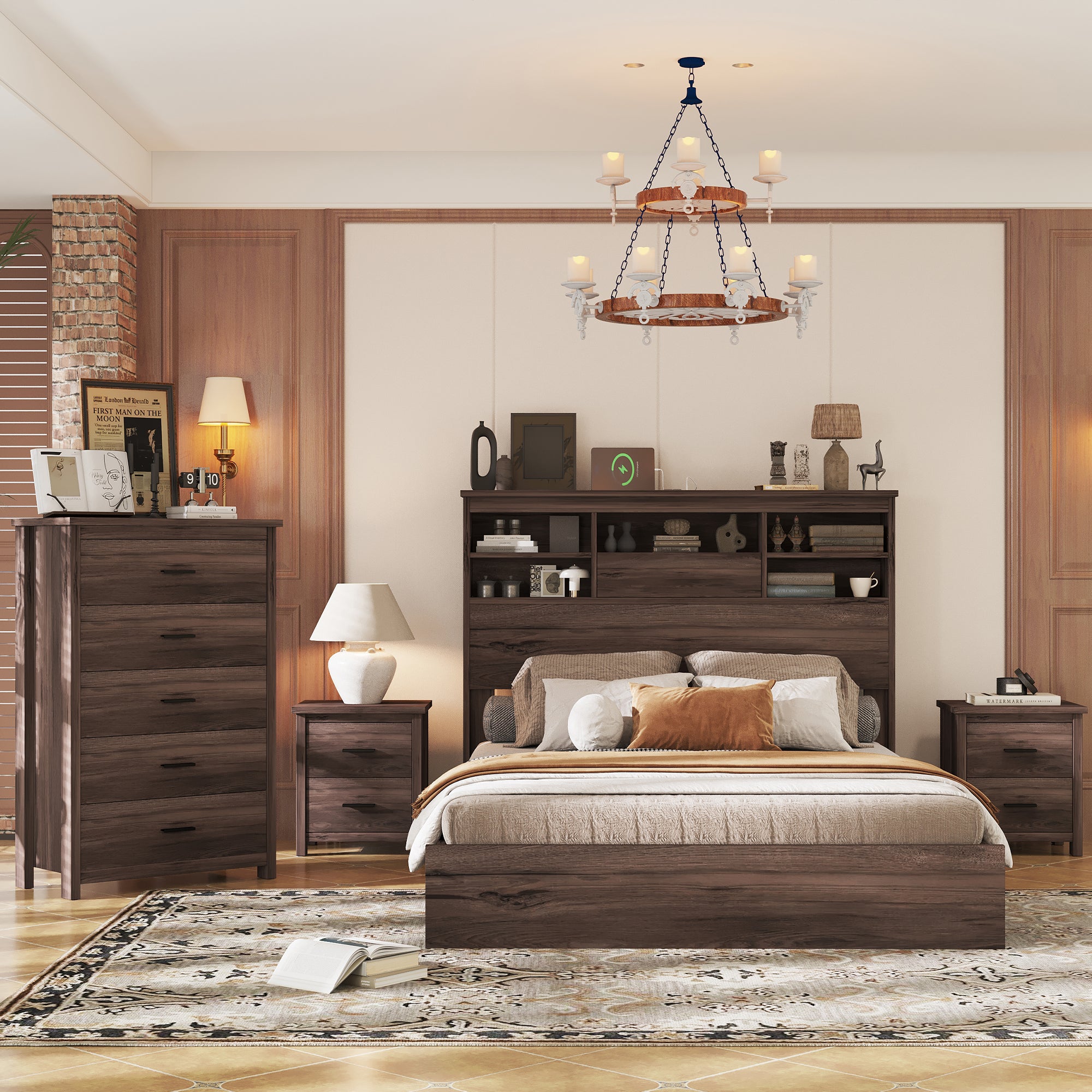 4-Pieces Bedroom Sets Queen Size Vintage Wooden Bed Frame with 2 Nightstands and 1 Dresser In Dark Walnut