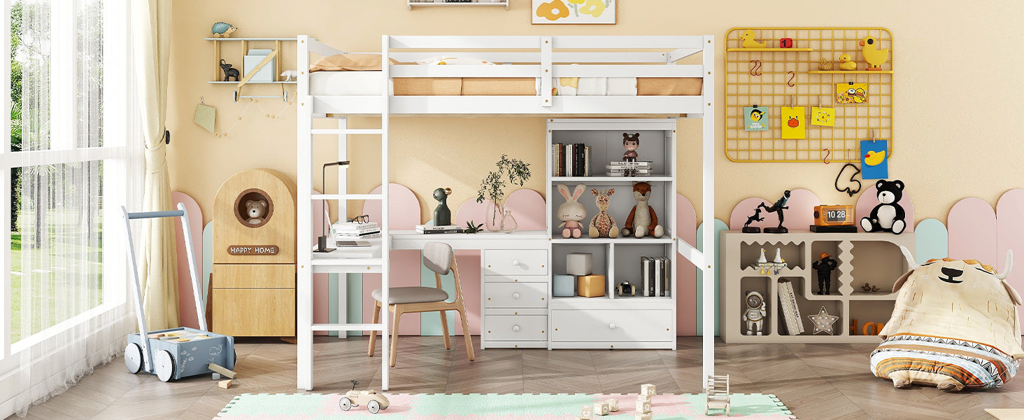 White Full Size Loft Bed with Desk, Storage Shelves, Drawers, and Built-in Ladder