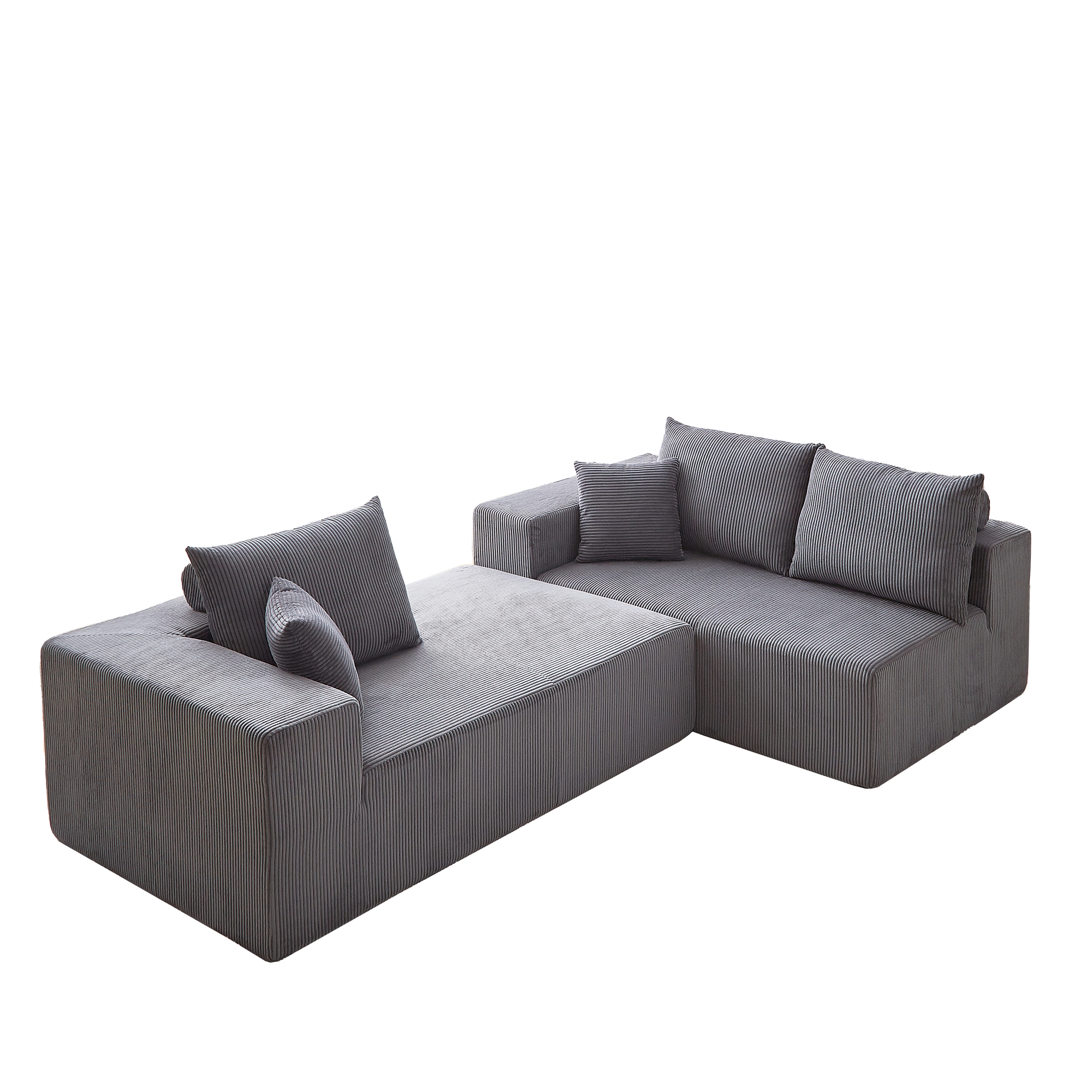 Modern Corduroy Upholstered Sectional Sofa Couch Set With Modular Design And Five Pillows For Customizable Comfort In Grey