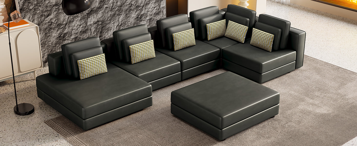 Casablanca Modular Sectional Sofa with Movable Ottoman in Black Palomino