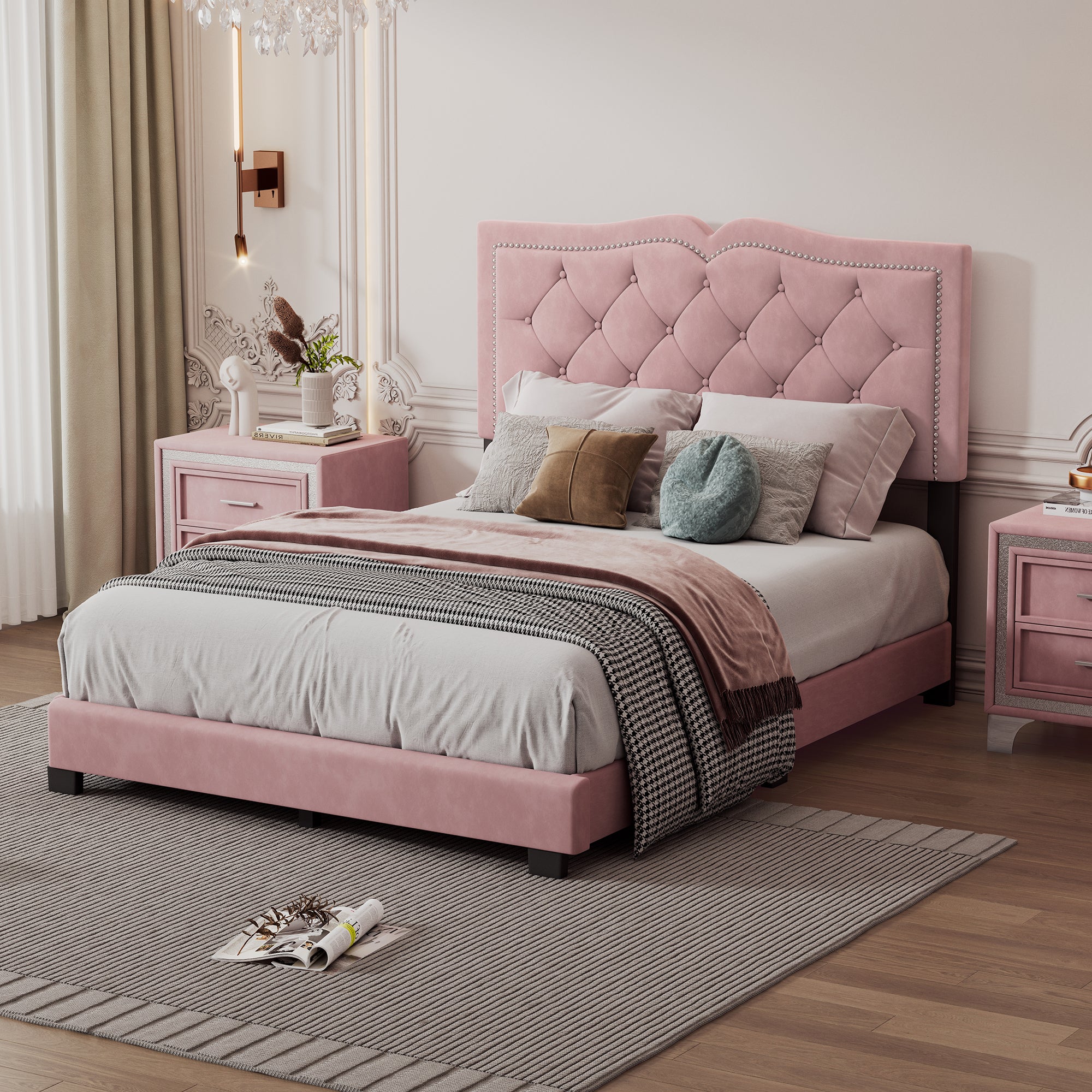 Full Size Upholstered Bed Frame with Rivet Design Modern Velvet Platform Bed with Tufted Headboard In Pink