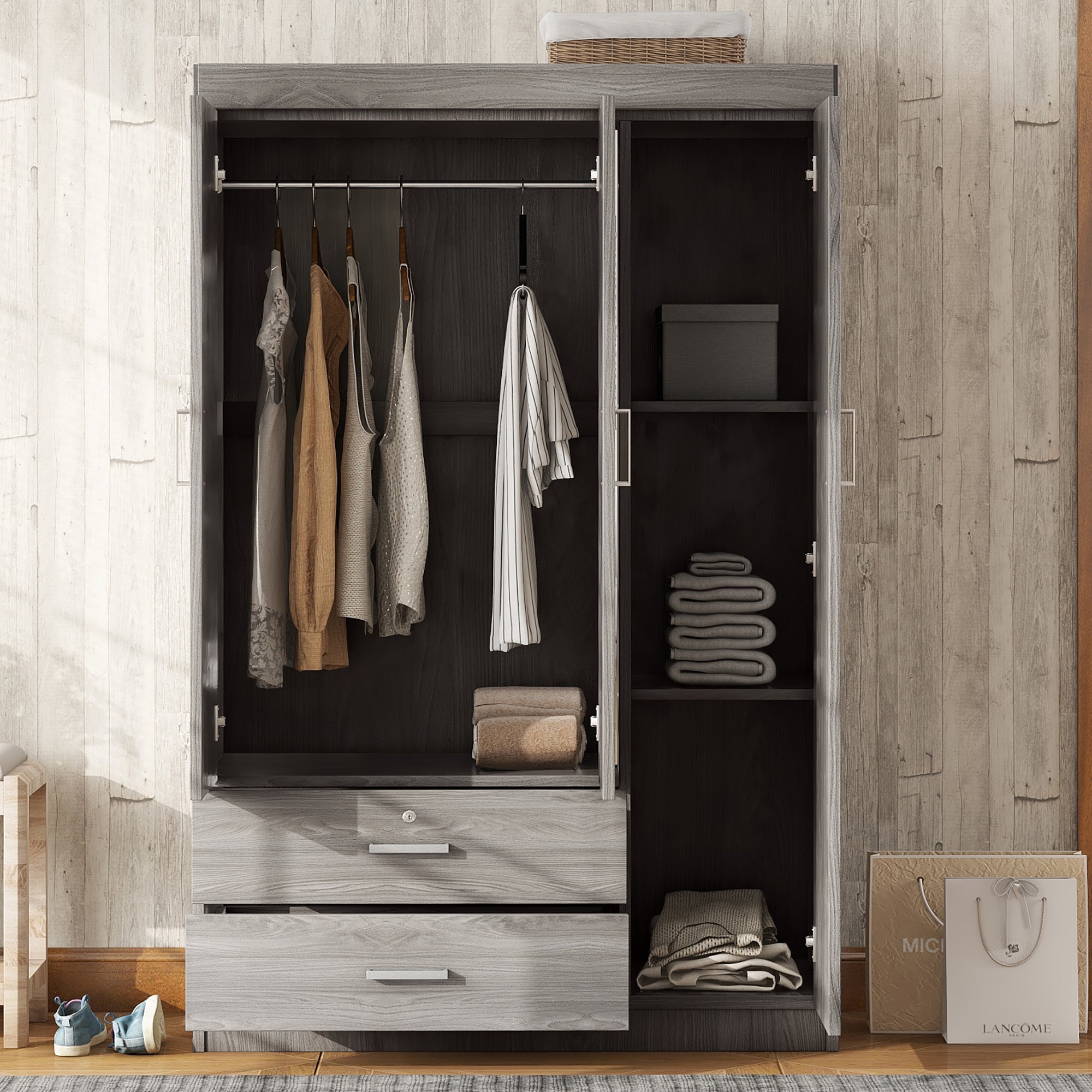 3-Door Mirror Wardrobe with Shelves for Organized Storage In Gray