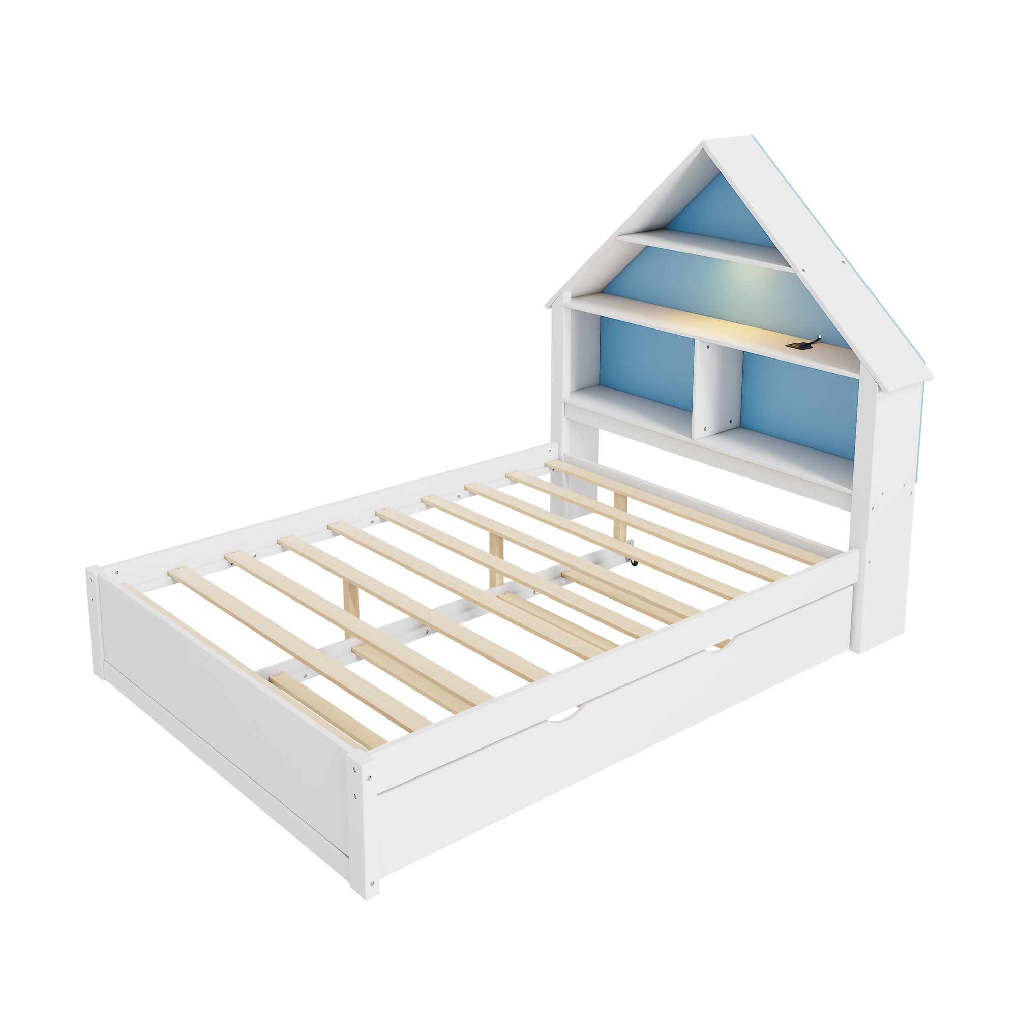 White & Blue Full House-Shaped Bed Frame with Trundle, Shelves, and LED Nightlight