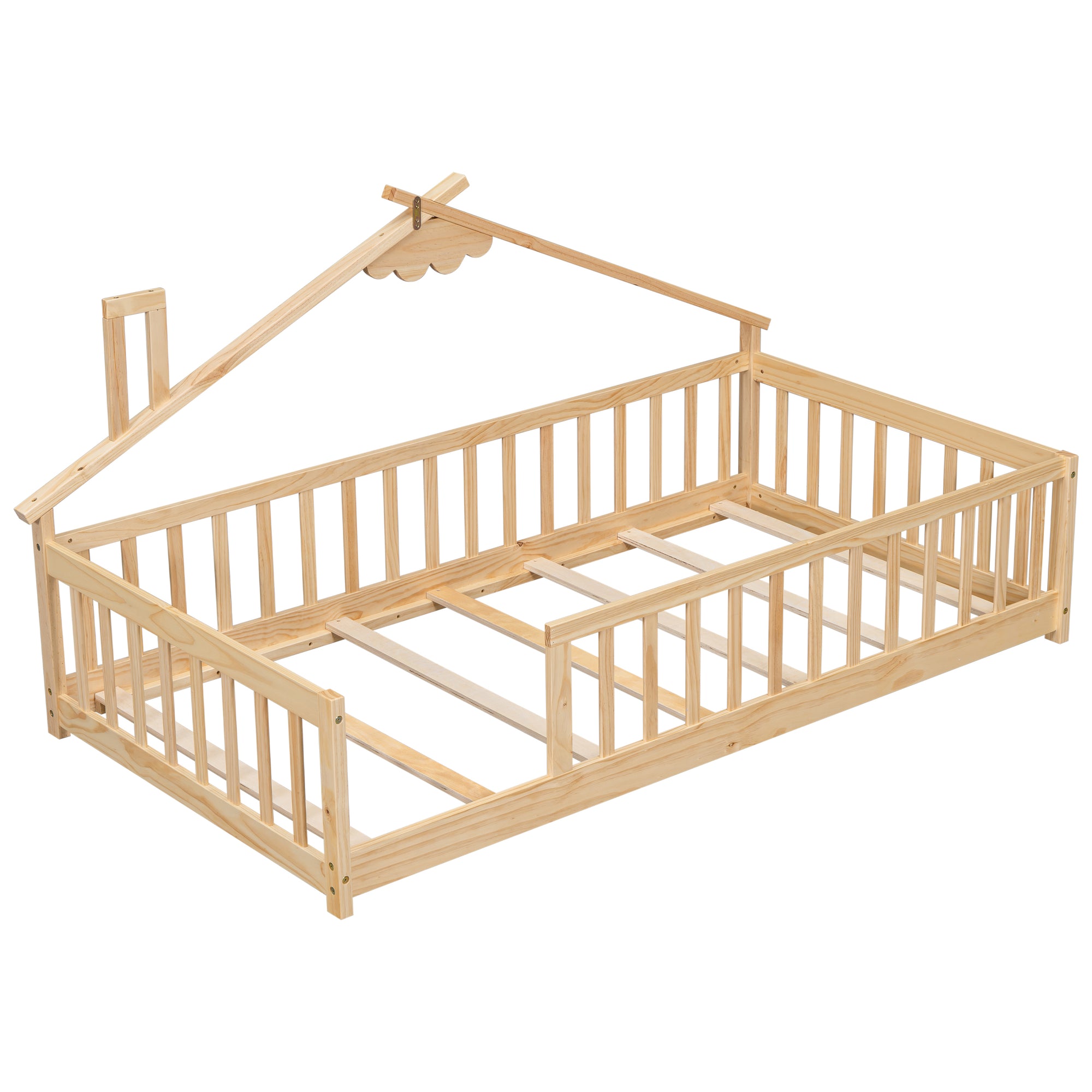 Twin House-Shaped Toddler Floor Bed with Guardrails and Fence in Natural Tones