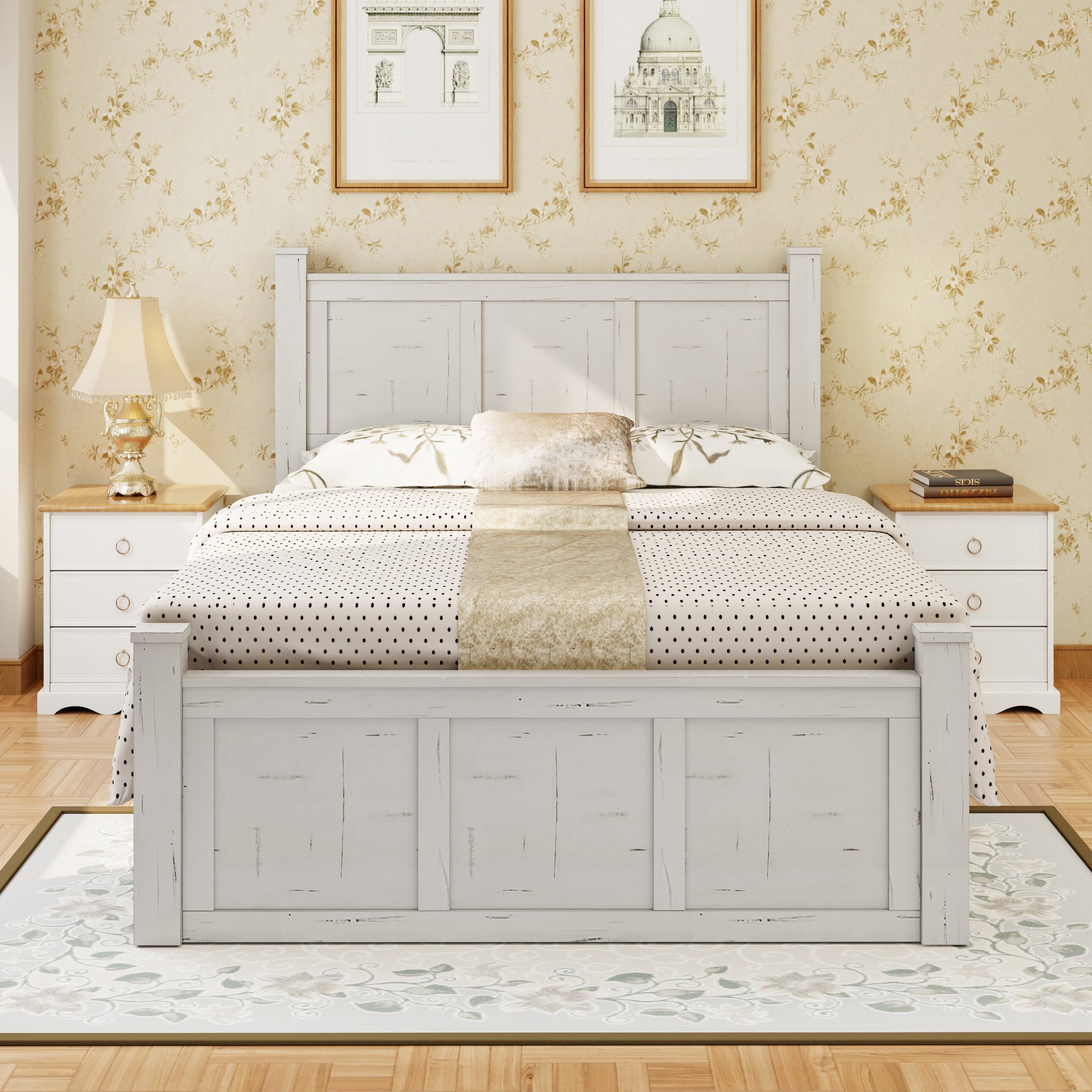 Ancient White Queen Size Farmhouse Bed Frame with Storage Drawers