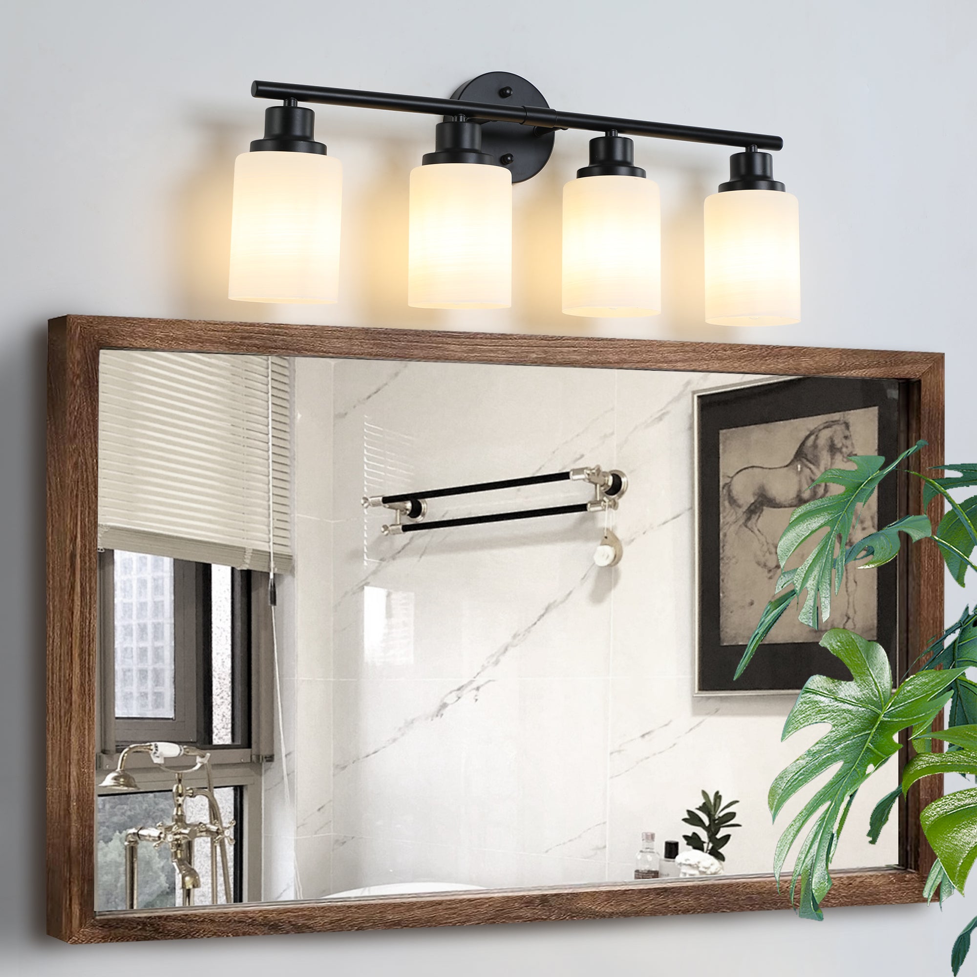 4-Light Vanity Light with Frosted White Glass with Black Iron Frame