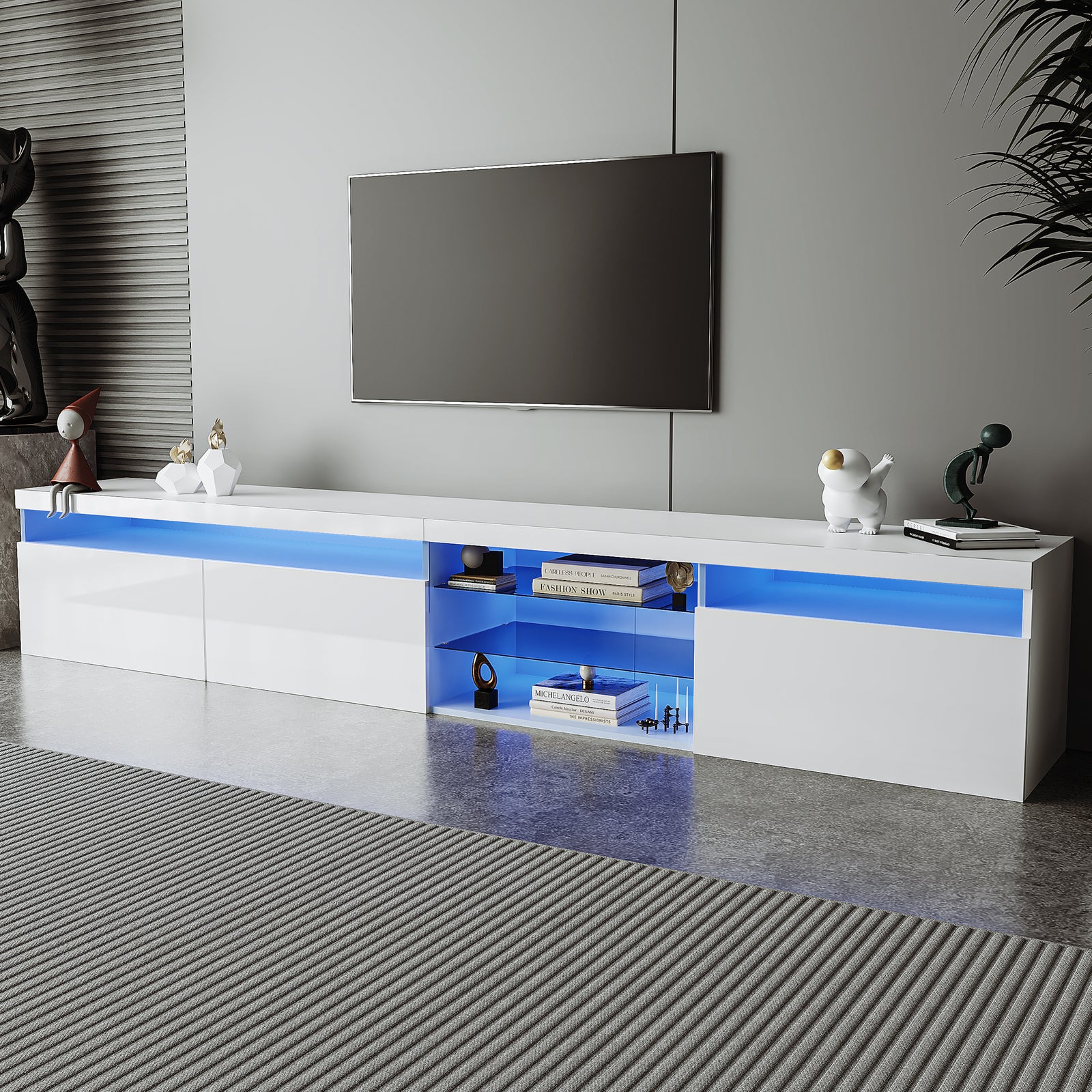 95" White TV Stand with Glass Shelves & LED Lighting for TVs Up to 105"