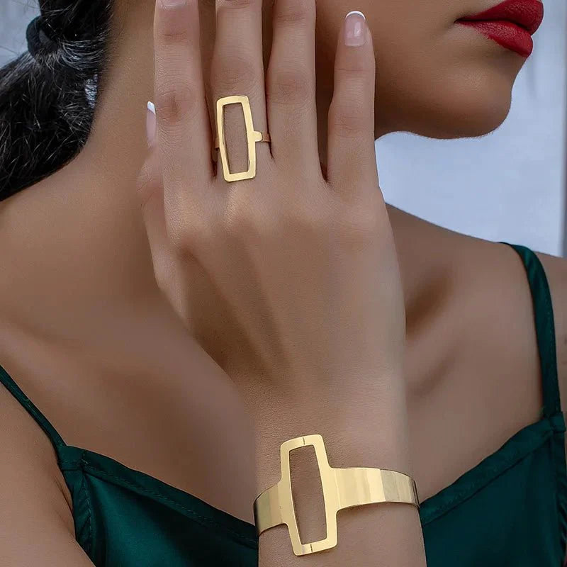 Adjustable geometric rectangle bracelet and ring set