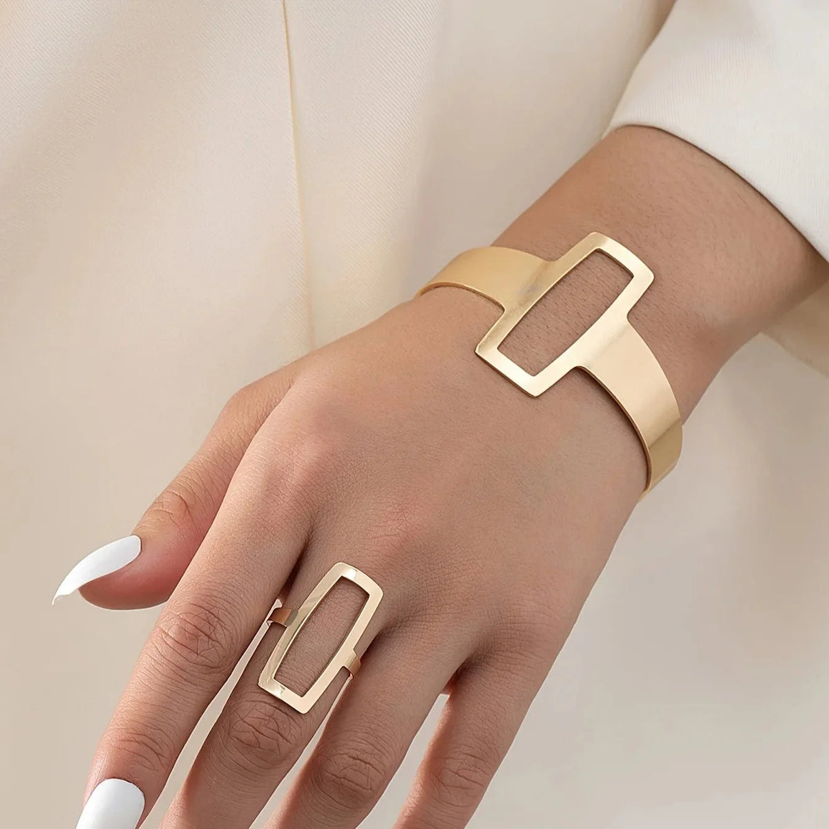 Adjustable geometric rectangle bracelet and ring set 495300