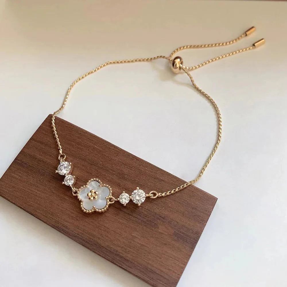 Adjustable textured floral shell diamond bracelet