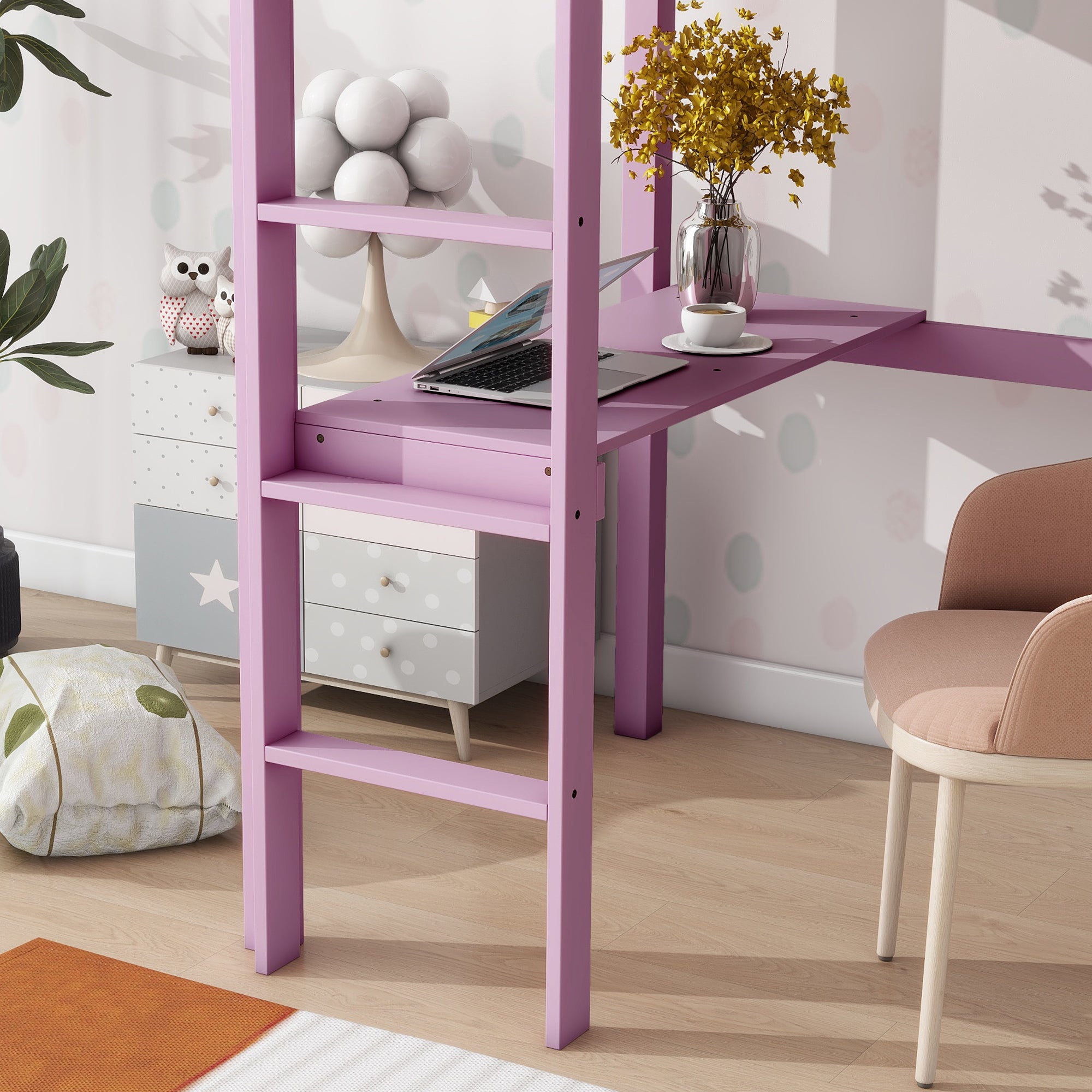 Pink Twin High Loft Bed with Built-in Desk, Rubber Wood Frame, and Safety Guardrail