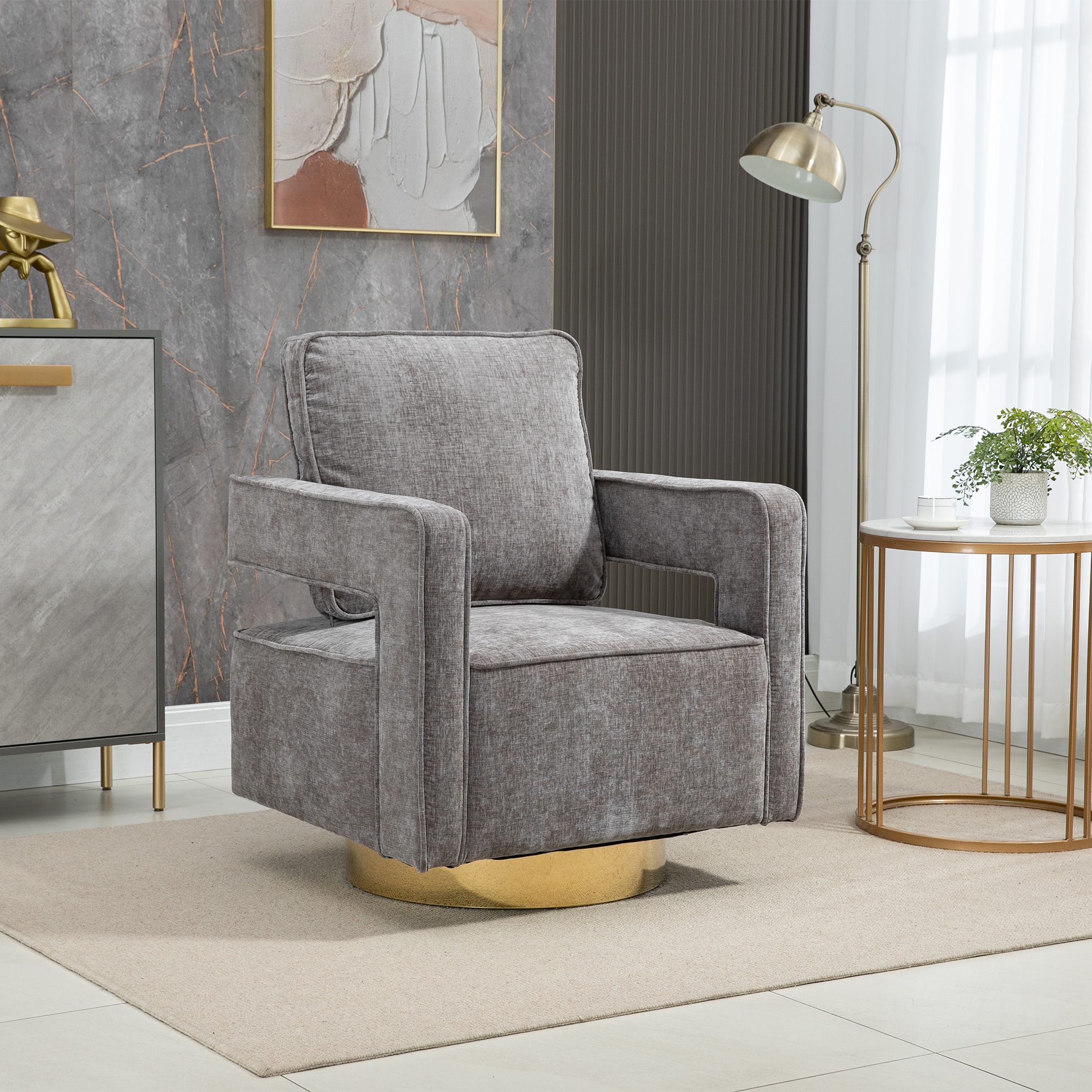 Open Back Gray Chenille Swivel Accent Chair With Gold Stainless Steel Base