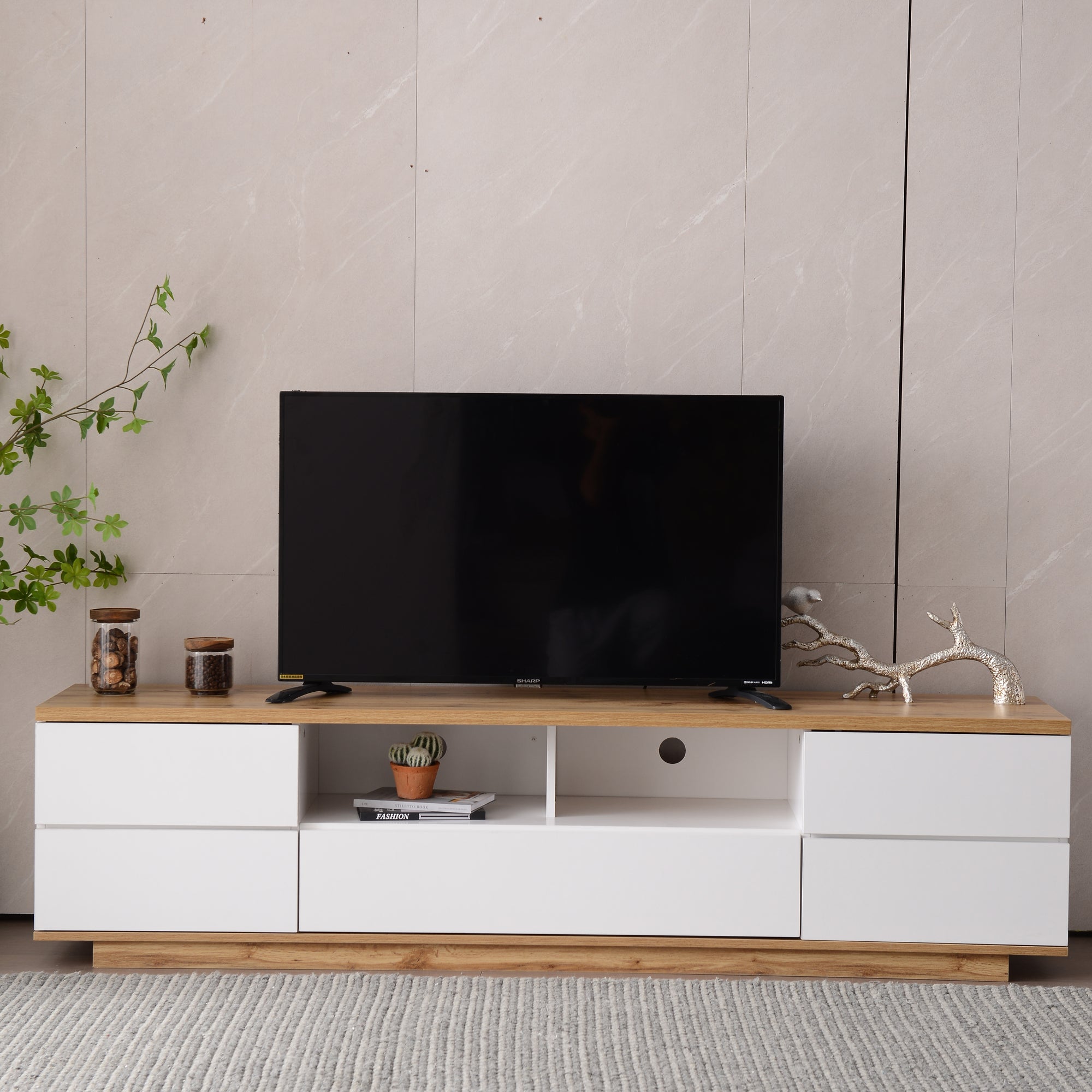 Modern TV Stand For TVs Up To 80 Inch Media Console With Multi-Functional Storage Entertainment Center In White And Natural