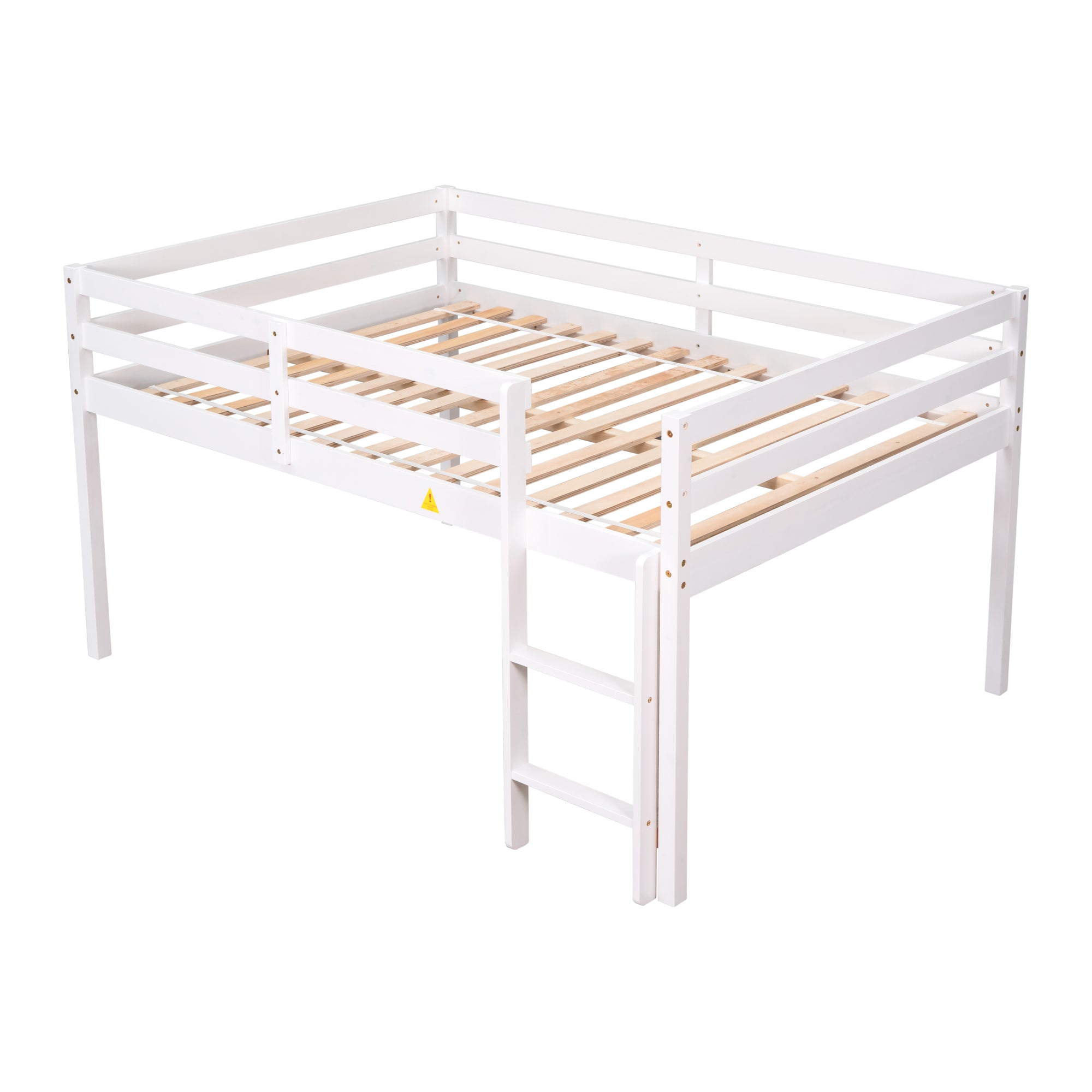 White Full Low Loft Bed with Ladder and Guardrails