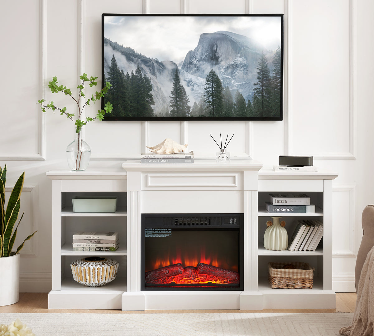 Media Console Table with Large Storage Cabinet and 23 Inch Fireplace Insert for TV Up to 70 Inches In White