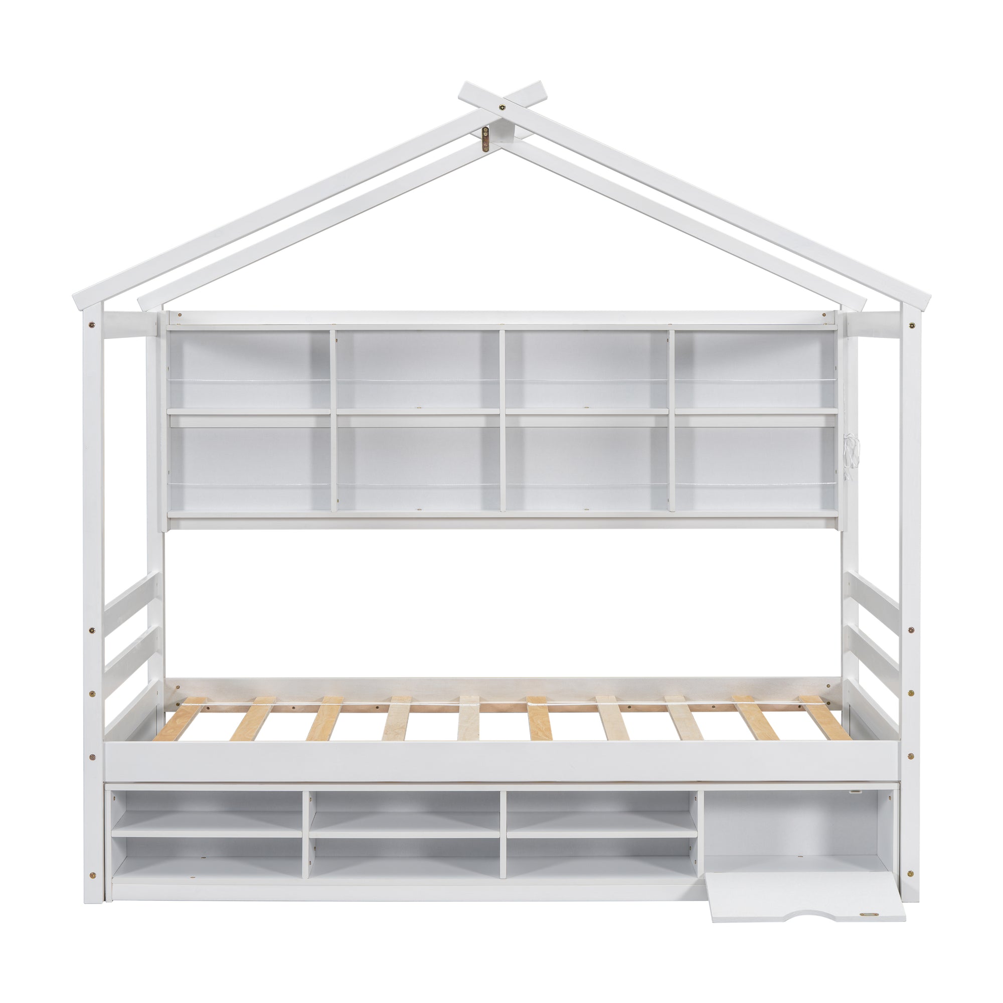 Twin Bed with Roof, Bedside Shelves, and Under-Bed Storage in White