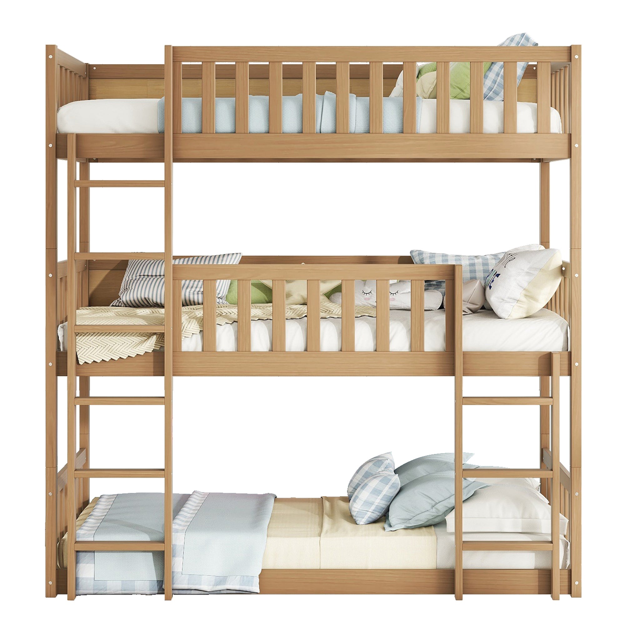 Twin Size Triple Rubber Wood Detachable Bunk Bed in White Oak