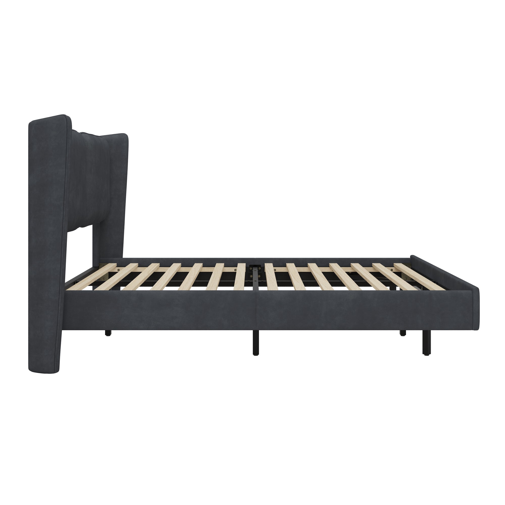 Dark Gray Velvet Queen Size Floating Platform Bed Frame with LED Lighting