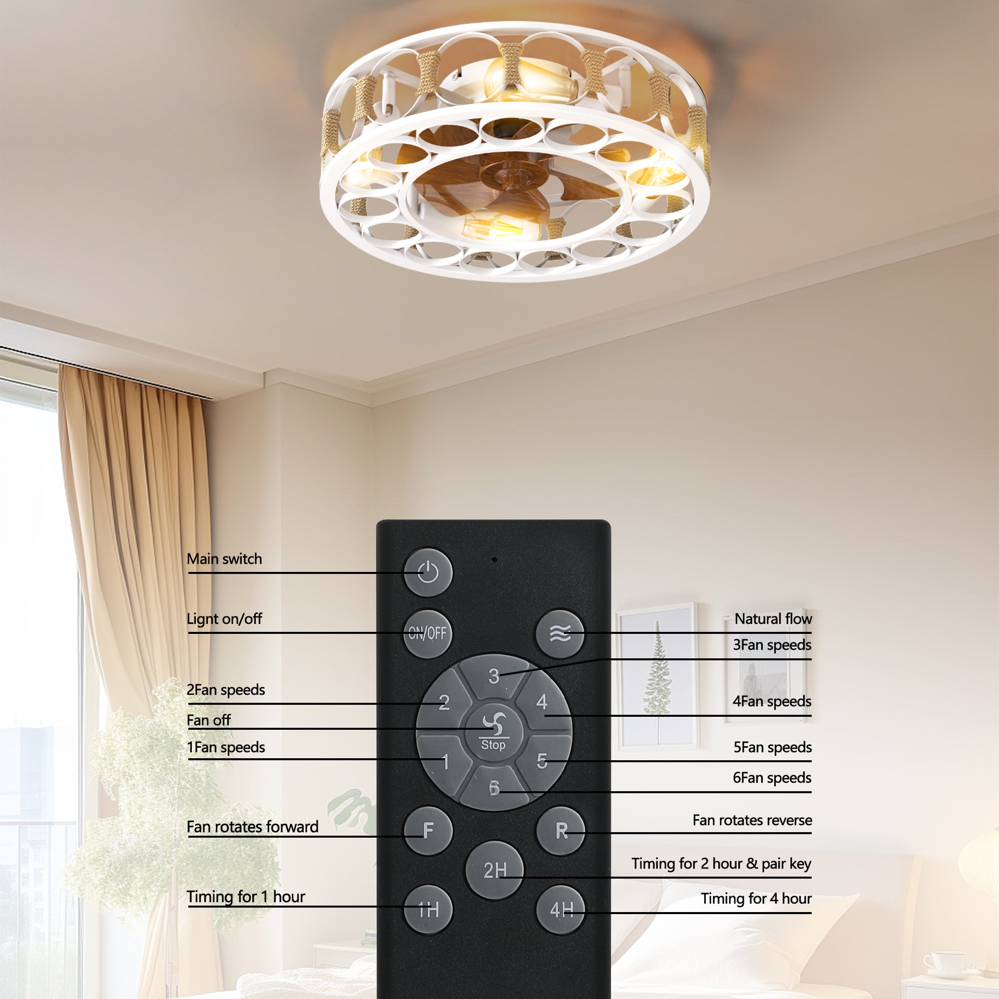 Semi-Embedded 6 Speed Caged Ceiling Fan with Lights and Remote Control