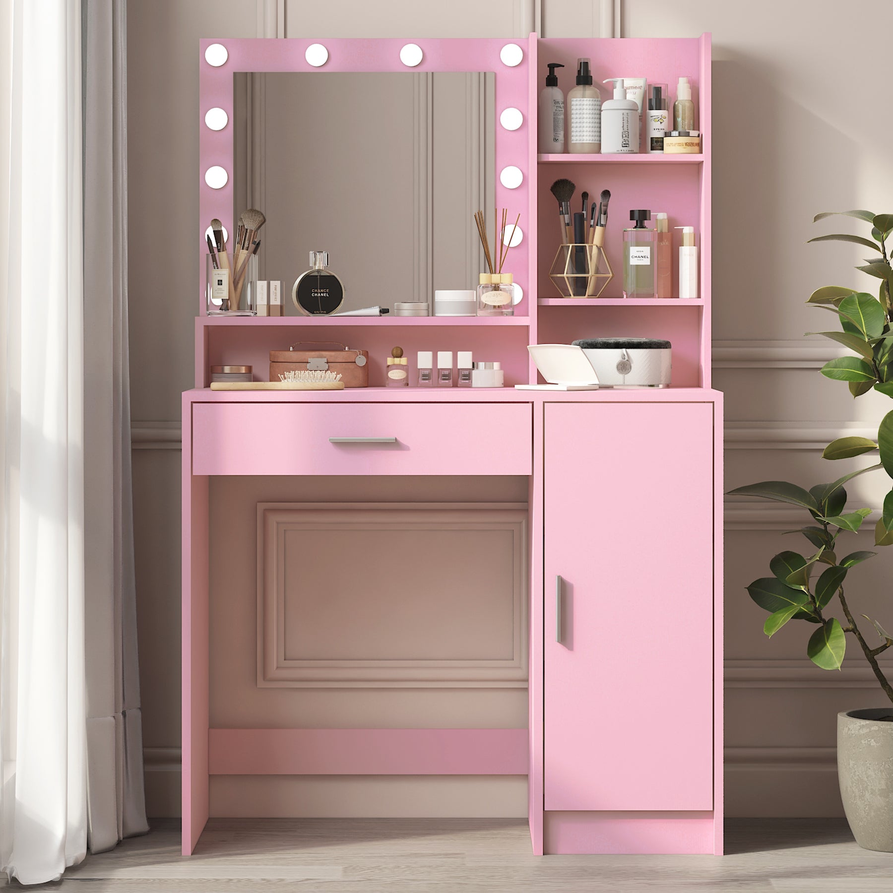 Vanity Desk with Mirror & Light, Adjustable Brightness, Large Drawer Three Level Storage Dresser In Pink