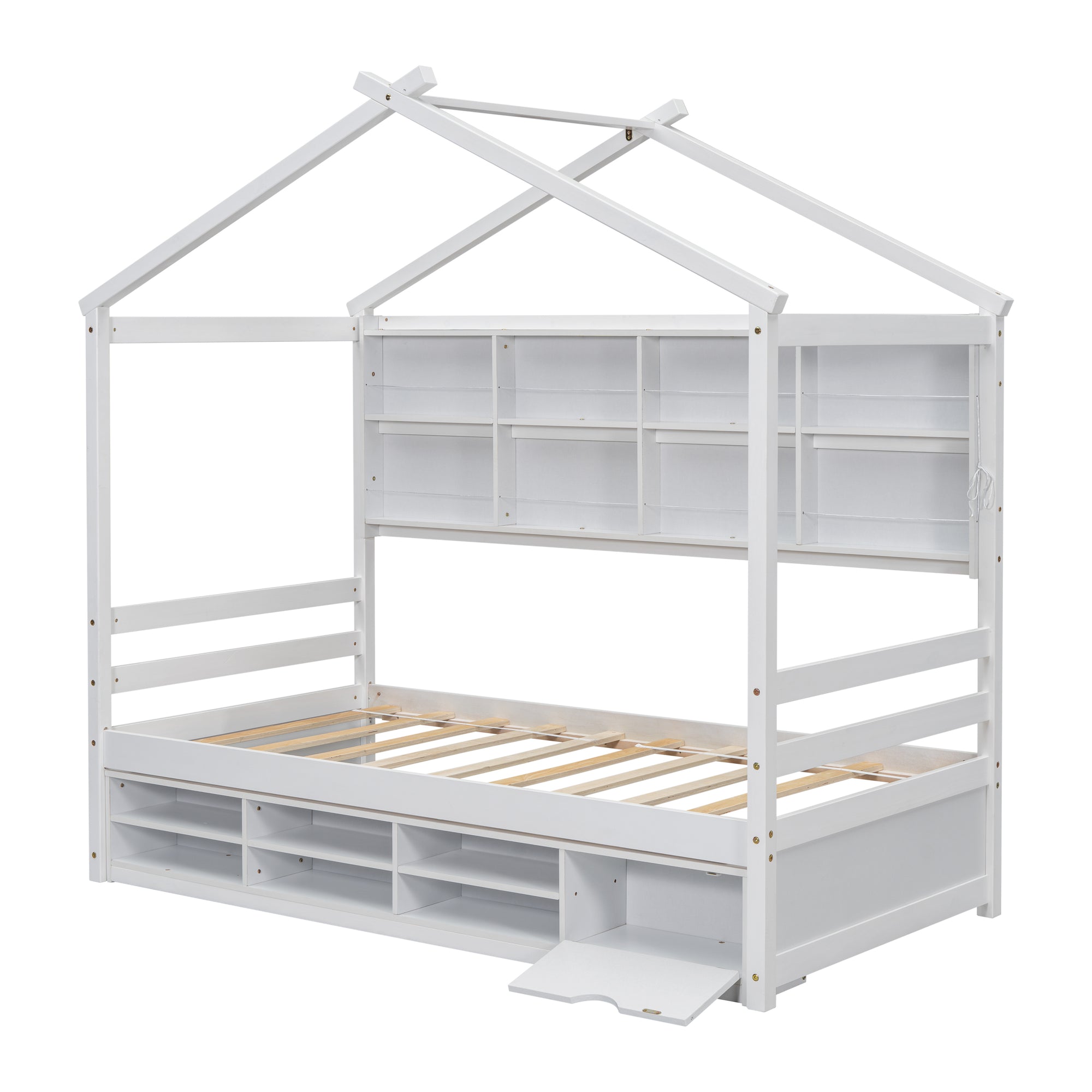 Twin Bed with Roof, Bedside Shelves, and Under-Bed Storage in White