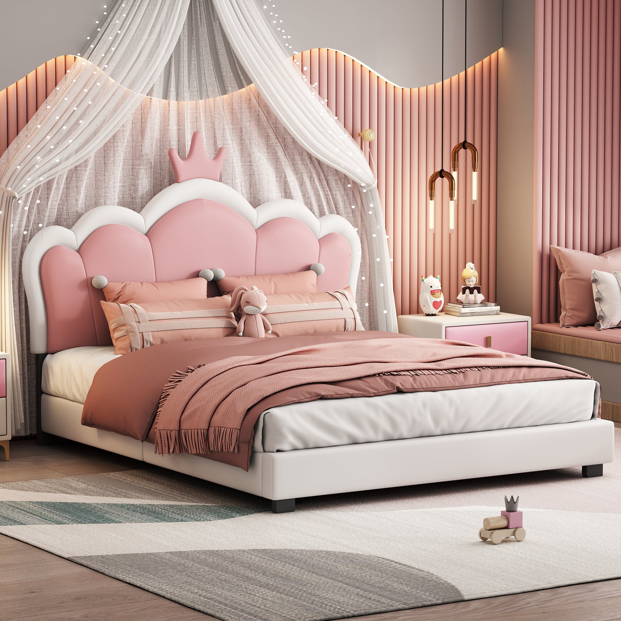 Full Size Upholstered Princess Bed With Crown Headboard Platform Design For Enhanced Stability In White Pink