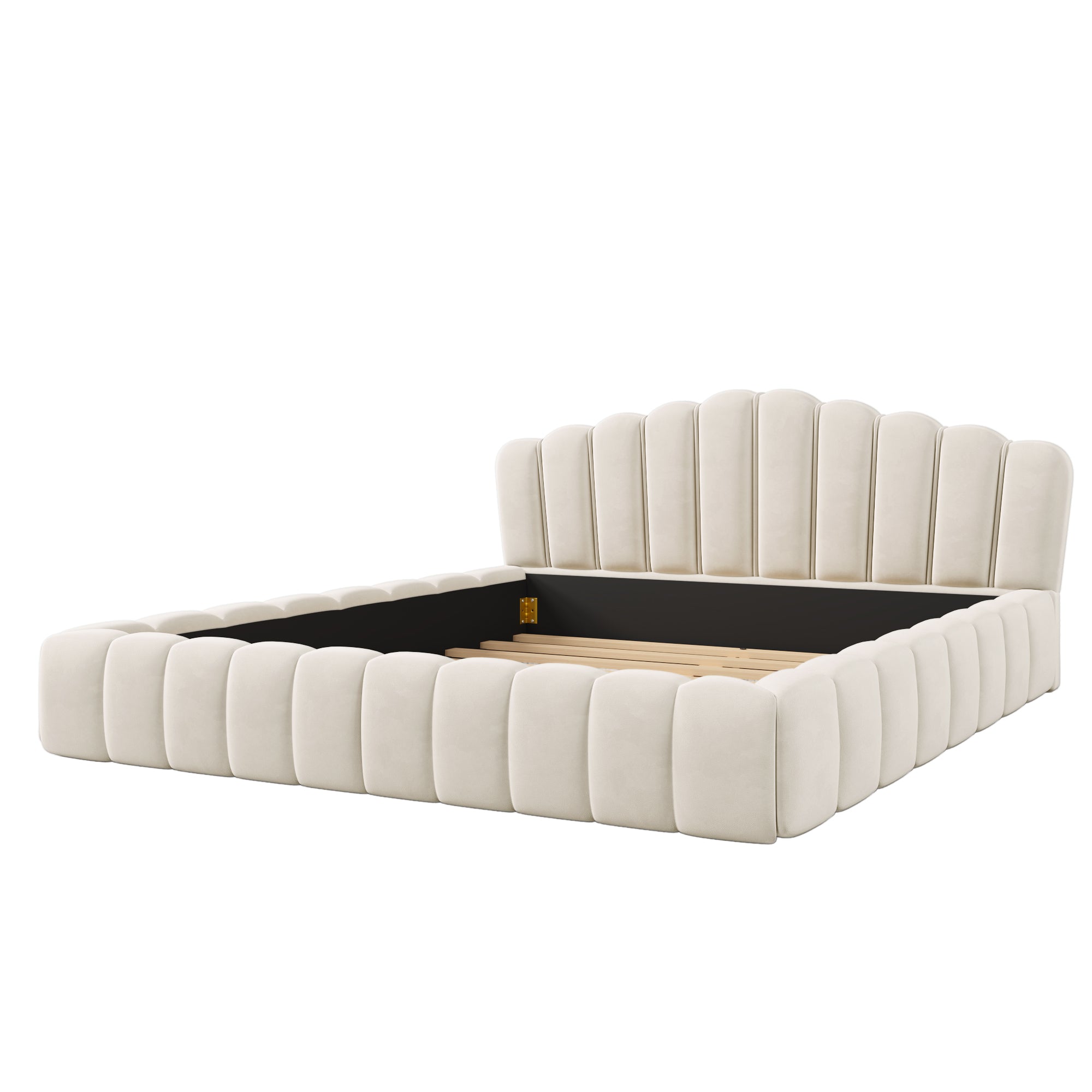 Queen Beige Velvet Upholstered Bed Frame with Shell-Shaped Headboard and Storage