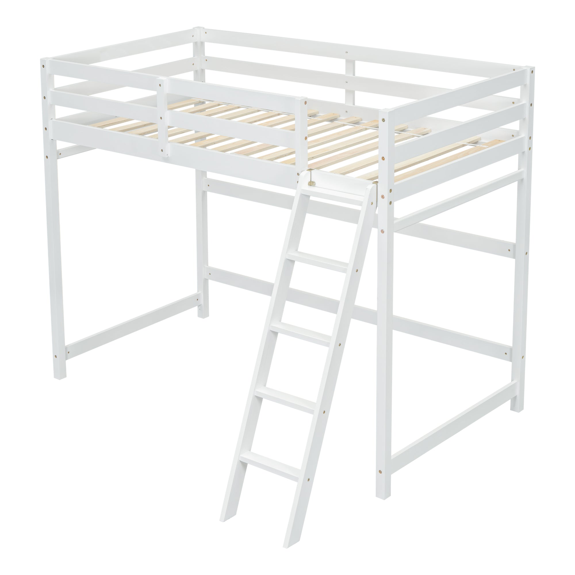 White Twin Size High Loft Bed with Inclined Ladder and Guardrails